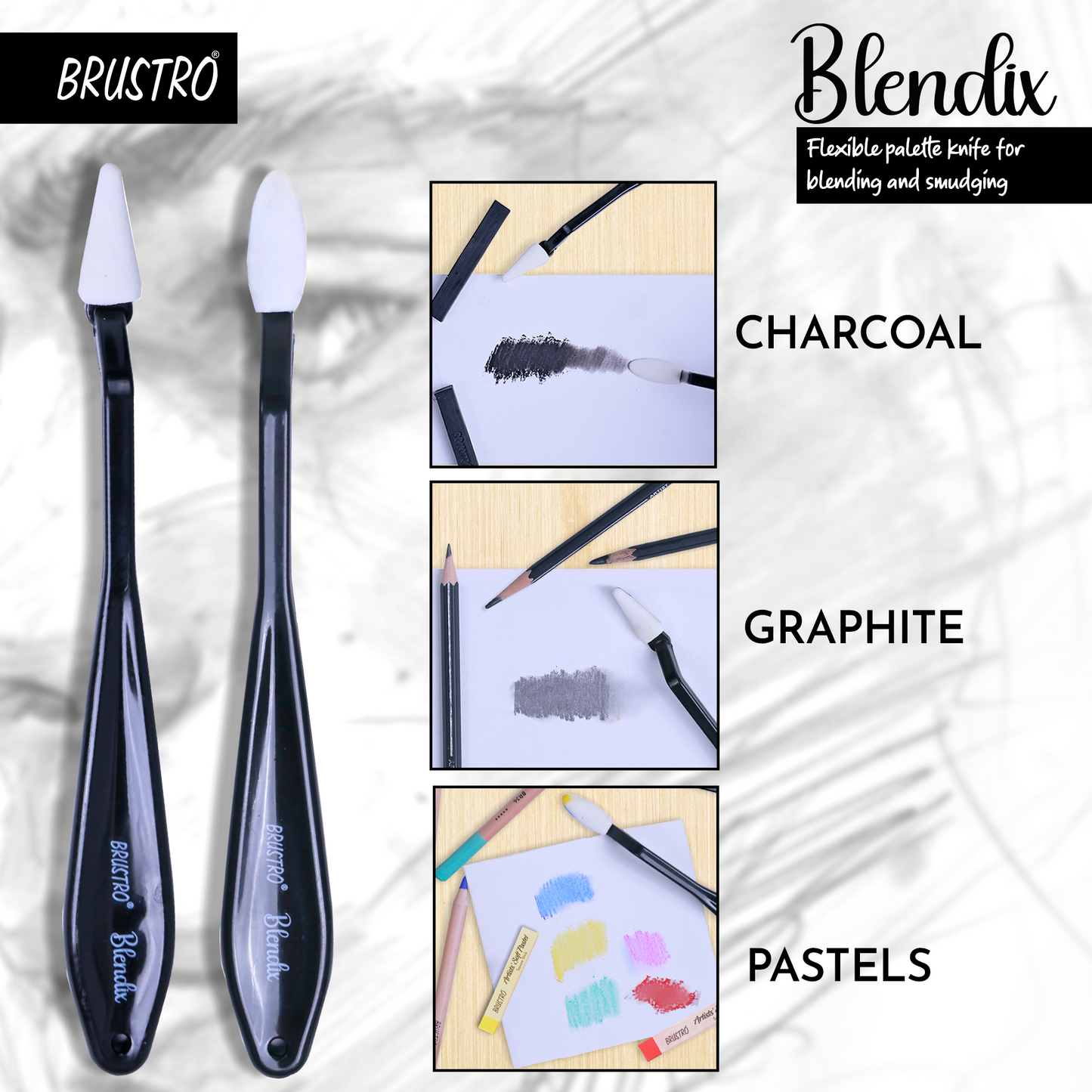 BRUSTRO Blendix Flexible Spongehead Soft Palette Knives | Set of 2 Ergonomic Handles with 10 Triangular & 10 Oval Sponge Blender | Ideal for Blending , Smudging With Graphite , Charcoal and Pastels.