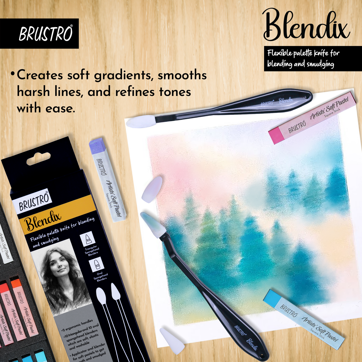 BRUSTRO Blendix Flexible Spongehead Soft Palette Knives | Set of 2 Ergonomic Handles with 10 Triangular & 10 Oval Sponge Blender | Ideal for Blending , Smudging With Graphite , Charcoal and Pastels.