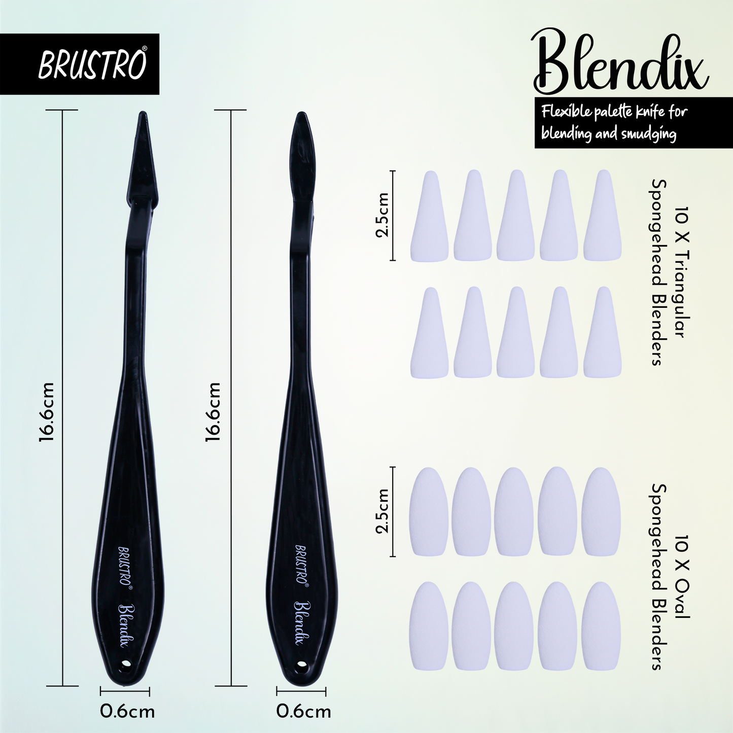 BRUSTRO Blendix Flexible Spongehead Soft Palette Knives | Set of 2 Ergonomic Handles with 10 Triangular & 10 Oval Sponge Blender | Ideal for Blending , Smudging With Graphite , Charcoal and Pastels.