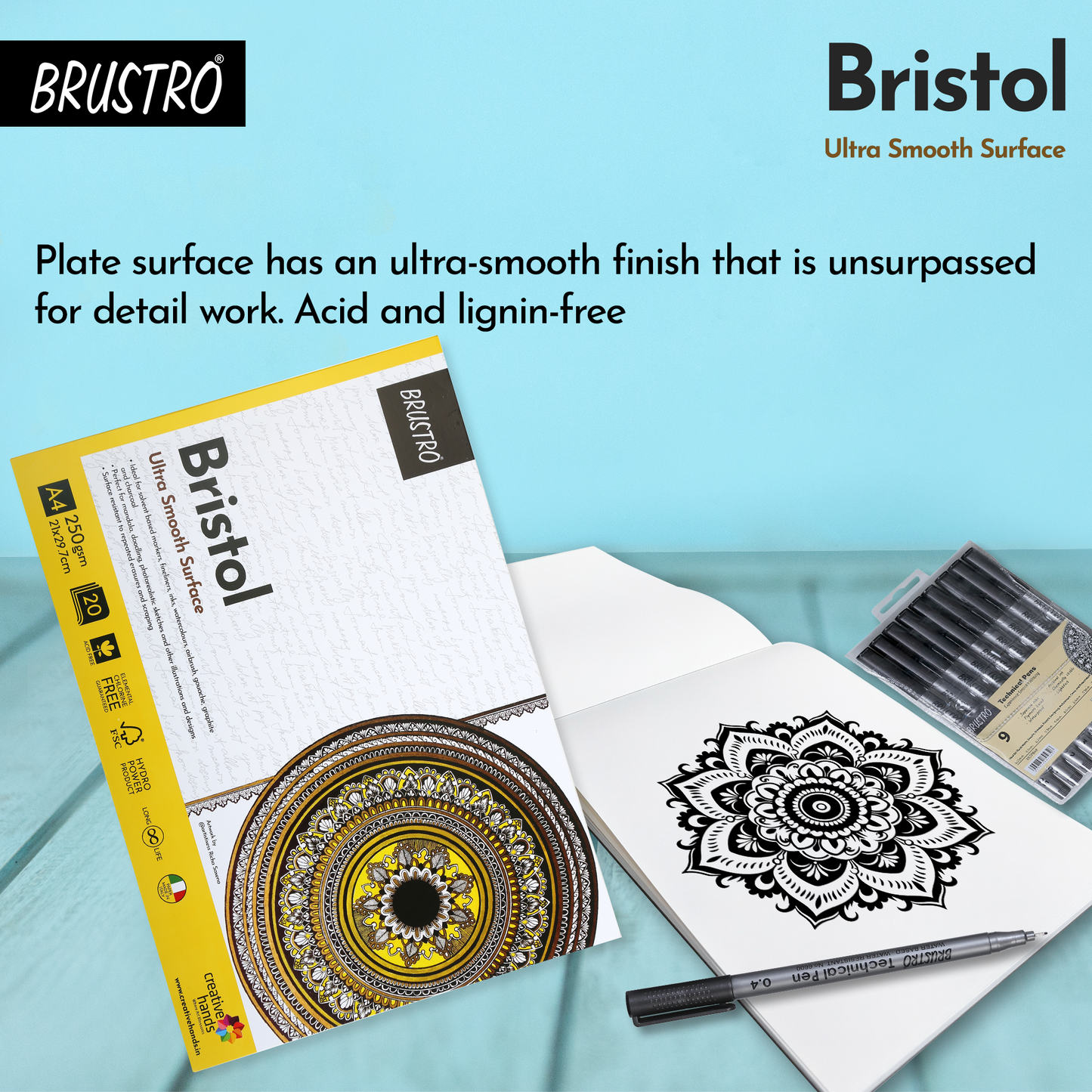 BRUSTRO Bristol Ultra Smooth Glued Pad 250 GSM A4-20 Sheets