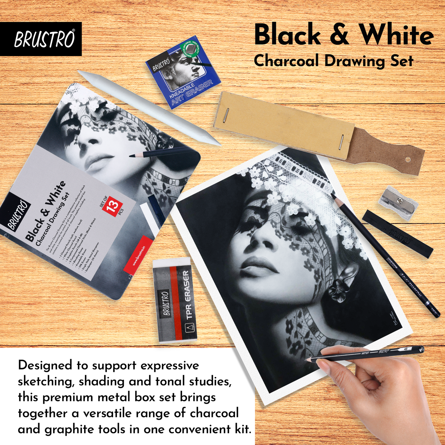 BRUSTRO Black and White Charcoal Drawing Set of 13 Pcs in a Metal Box| Ideal For Sketching, Shading, Blending, Illustration, Portraits, Landscape and Fine Arts