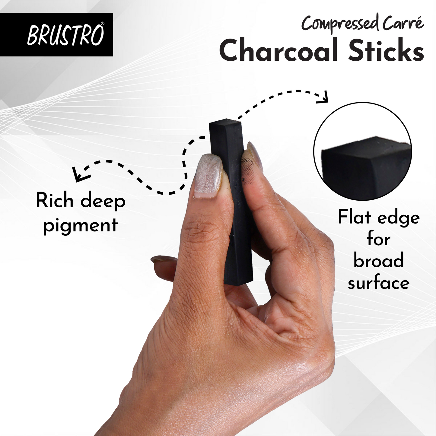 BRUSTRO Compressed Carre Charcoal Sticks - Set of 6 (5 Black & 1 White Stick) | Ideal for Charcoal works, Sketching, Shading, Blending, Drawing, Art, Craft, Professional use.