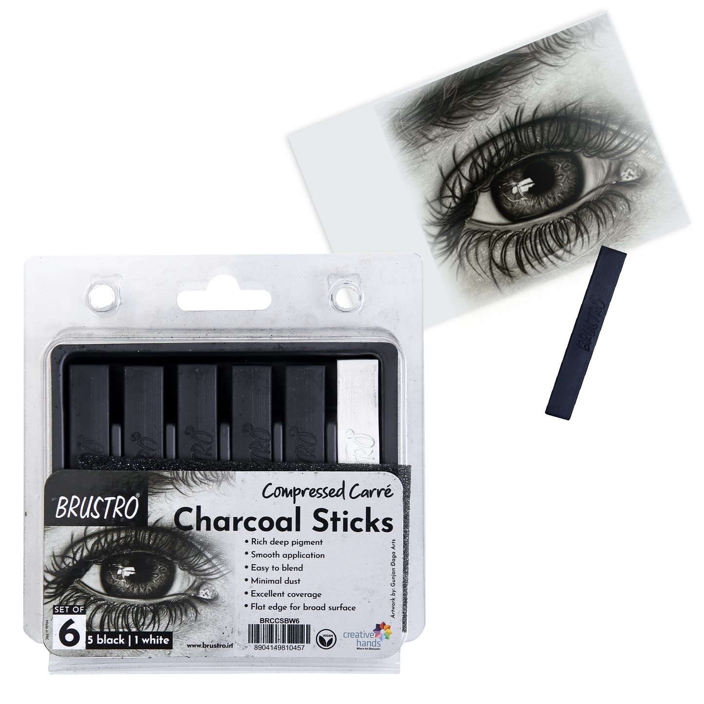 BRUSTRO Compressed Carre Charcoal Sticks - Set of 6 (5 Black & 1 White Stick) | Ideal for Charcoal works, Sketching, Shading, Blending, Drawing, Art, Craft, Professional use.