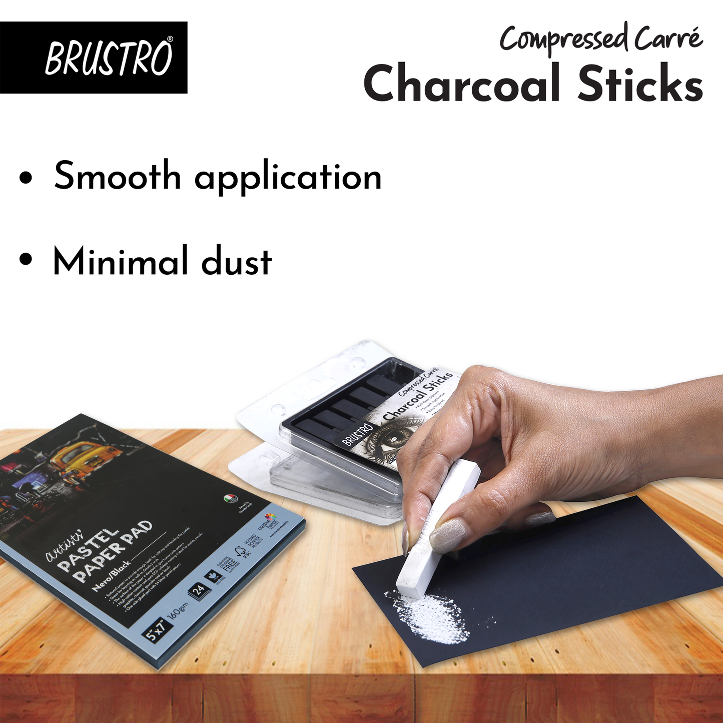 BRUSTRO Compressed Carre Charcoal Sticks - Set of 6 (5 Black & 1 White Stick) | Ideal for Charcoal works, Sketching, Shading, Blending, Drawing, Art, Craft, Professional use.