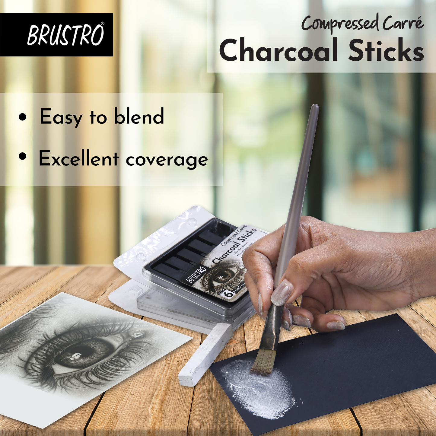 BRUSTRO Compressed Carre Charcoal Sticks - Set of 6 (5 Black & 1 White Stick) | Ideal for Charcoal works, Sketching, Shading, Blending, Drawing, Art, Craft, Professional use.