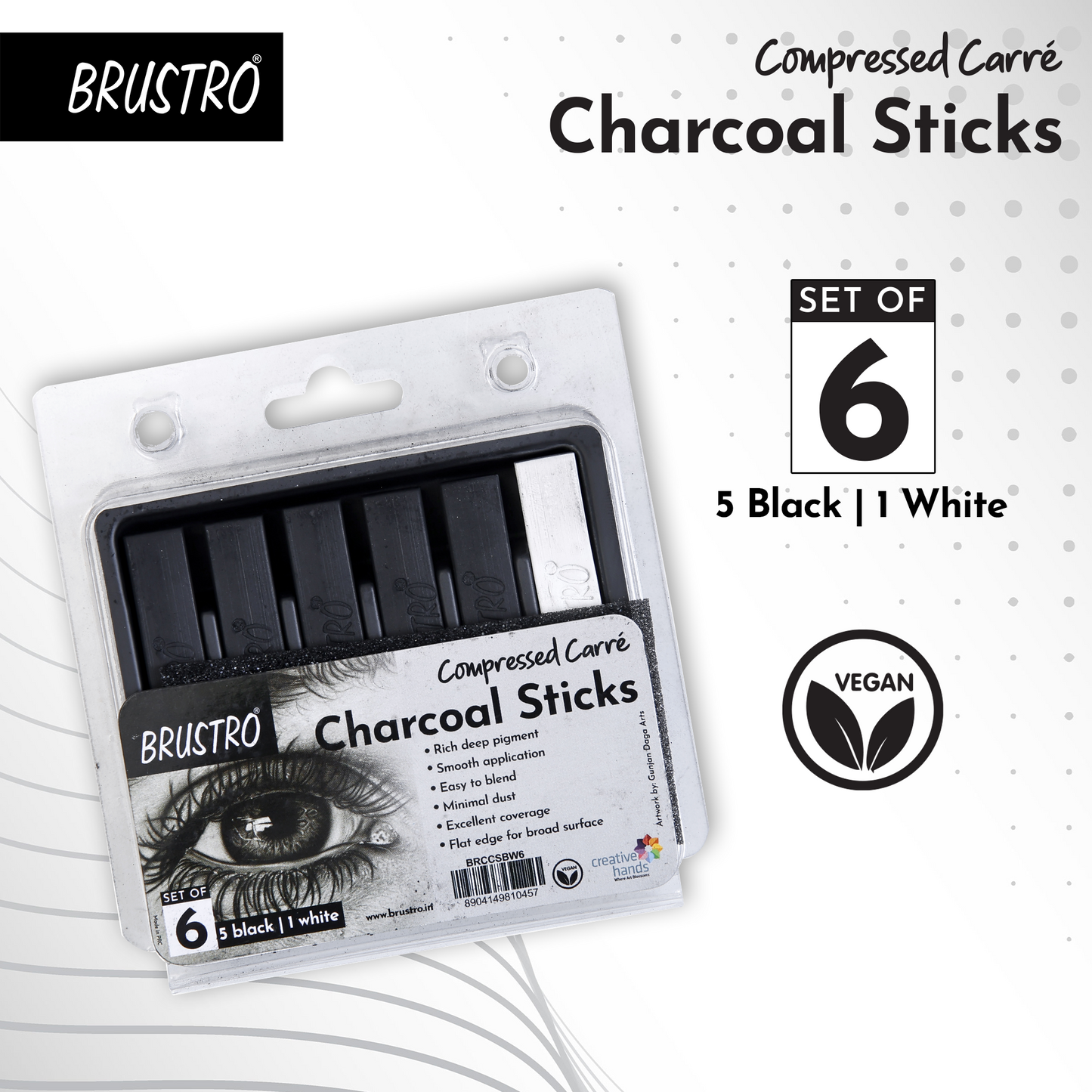 BRUSTRO Compressed Carre Charcoal Sticks - Set of 6 (5 Black & 1 White Stick) | Ideal for Charcoal works, Sketching, Shading, Blending, Drawing, Art, Craft, Professional use.