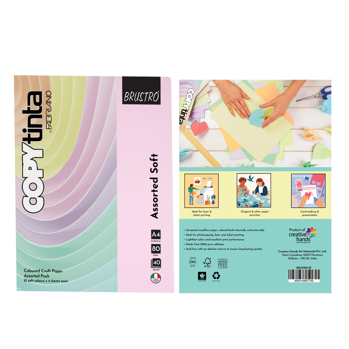 BRUSTRO Copytinta Multicolored Craft Paper Soft Shade | A4 Size | 80 GSM | Pack of 40 Sheets (10 colors x 4 sheets) | Ideal for Students and Adults, Origami ideas, Home, School, Office Use, Stationery, DIY Art