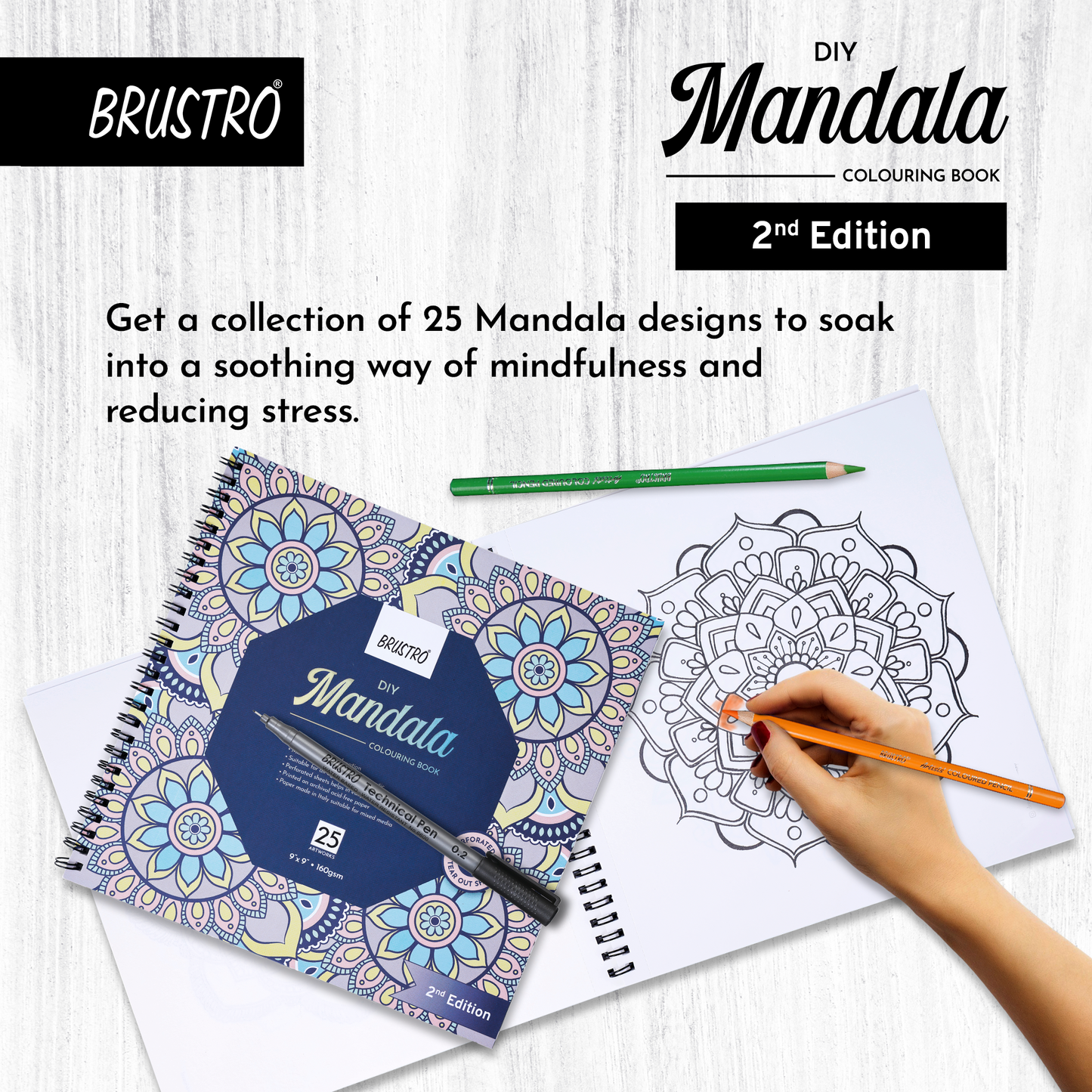 Brustro DIY Mandala Colouring Book–2nd Edition| 25 Designs,160 GSM Paper,9x9 inch,Tear-Out Sheets | Ideal for Stress Relief & Mindfulness Art Book for Adults & Kids,Drawing,Mixed Media,Pens,Markers