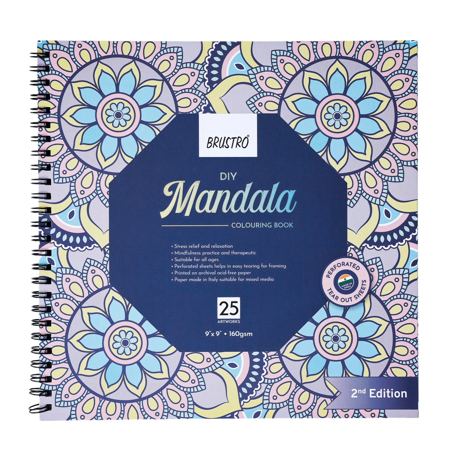 Brustro DIY Mandala Colouring Book–2nd Edition| 25 Designs,160 GSM Paper,9x9 inch,Tear-Out Sheets | Ideal for Stress Relief & Mindfulness Art Book for Adults & Kids,Drawing,Mixed Media,Pens,Markers