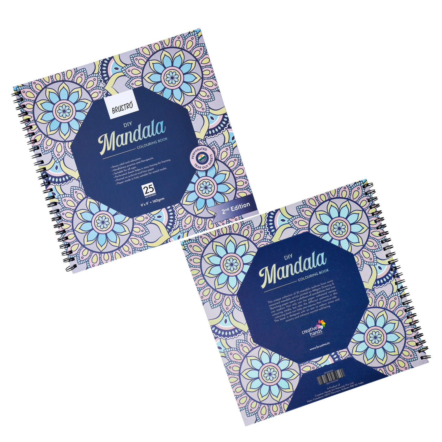 Brustro DIY Mandala Colouring Book–2nd Edition| 25 Designs,160 GSM Paper,9x9 inch,Tear-Out Sheets | Ideal for Stress Relief & Mindfulness Art Book for Adults & Kids,Drawing,Mixed Media,Pens,Markers