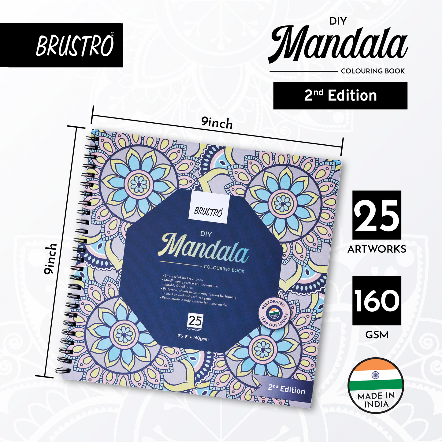 Brustro DIY Mandala Colouring Book–2nd Edition| 25 Designs,160 GSM Paper,9x9 inch,Tear-Out Sheets | Ideal for Stress Relief & Mindfulness Art Book for Adults & Kids,Drawing,Mixed Media,Pens,Markers