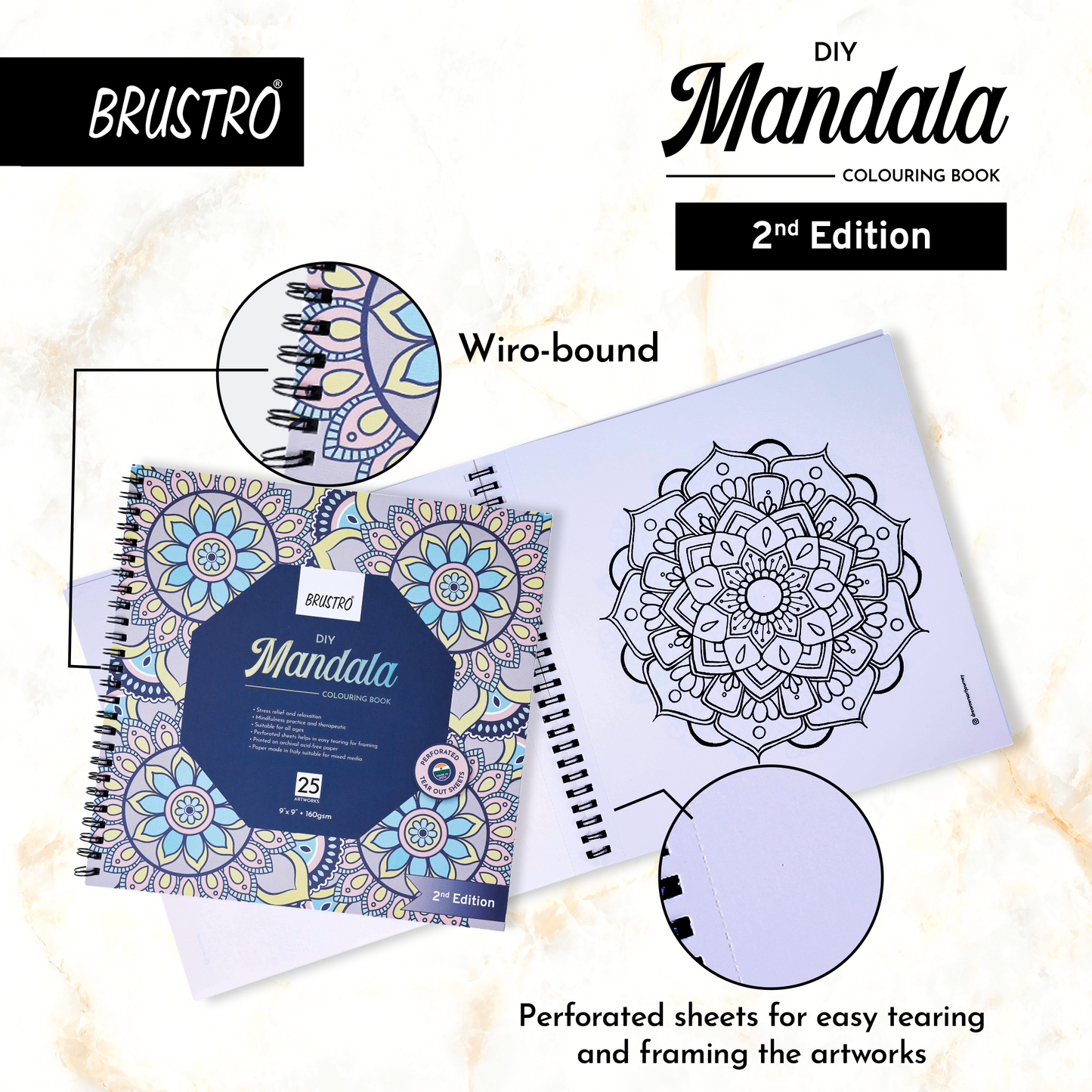 Brustro DIY Mandala Colouring Book–2nd Edition| 25 Designs,160 GSM Paper,9x9 inch,Tear-Out Sheets | Ideal for Stress Relief & Mindfulness Art Book for Adults & Kids,Drawing,Mixed Media,Pens,Markers
