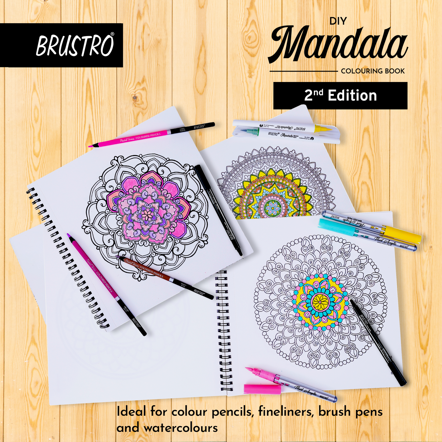 Brustro DIY Mandala Colouring Book–2nd Edition| 25 Designs,160 GSM Paper,9x9 inch,Tear-Out Sheets | Ideal for Stress Relief & Mindfulness Art Book for Adults & Kids,Drawing,Mixed Media,Pens,Markers