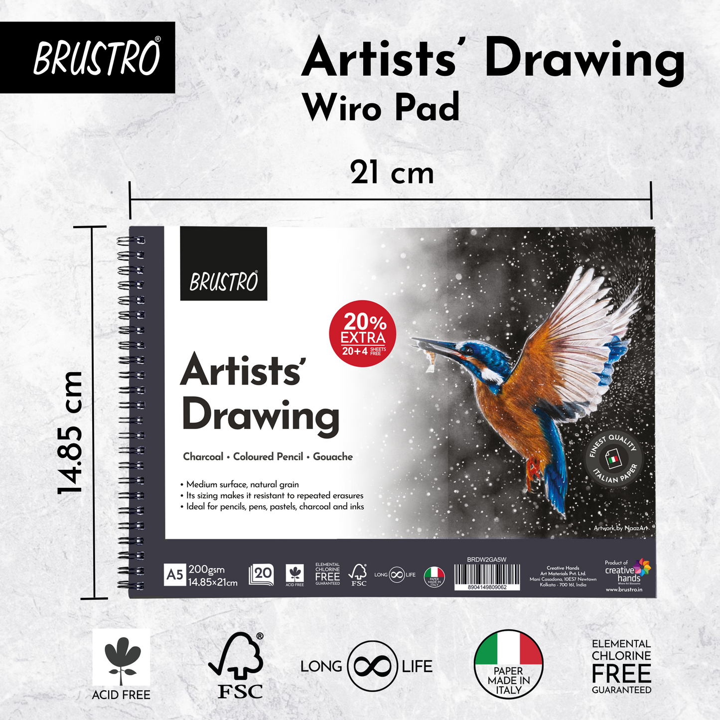 BRUSTRO Artist's Drawing Wiro Pad, 200 GSM, Size A5 (20+4 Free Sheets)| Acid Free,Medium Surface,Natural Grain| Ideal For Pencil,Charcoal,Pen,Pastel,Gouache,Ink,Fine Art Students and Professionals