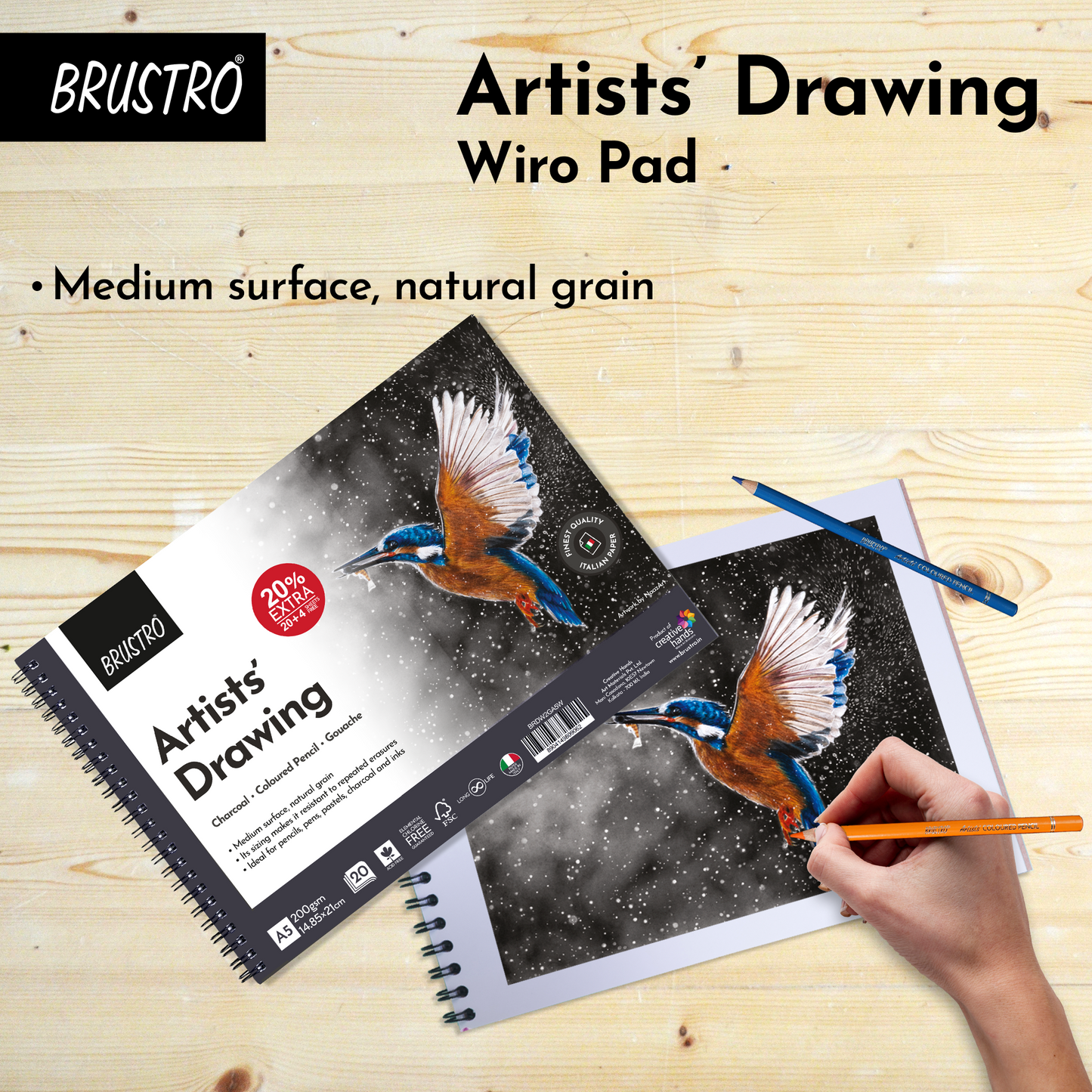 BRUSTRO Artist's Drawing Wiro Pad, 200 GSM, Size A5 (20+4 Free Sheets)| Acid Free,Medium Surface,Natural Grain| Ideal For Pencil,Charcoal,Pen,Pastel,Gouache,Ink,Fine Art Students and Professionals