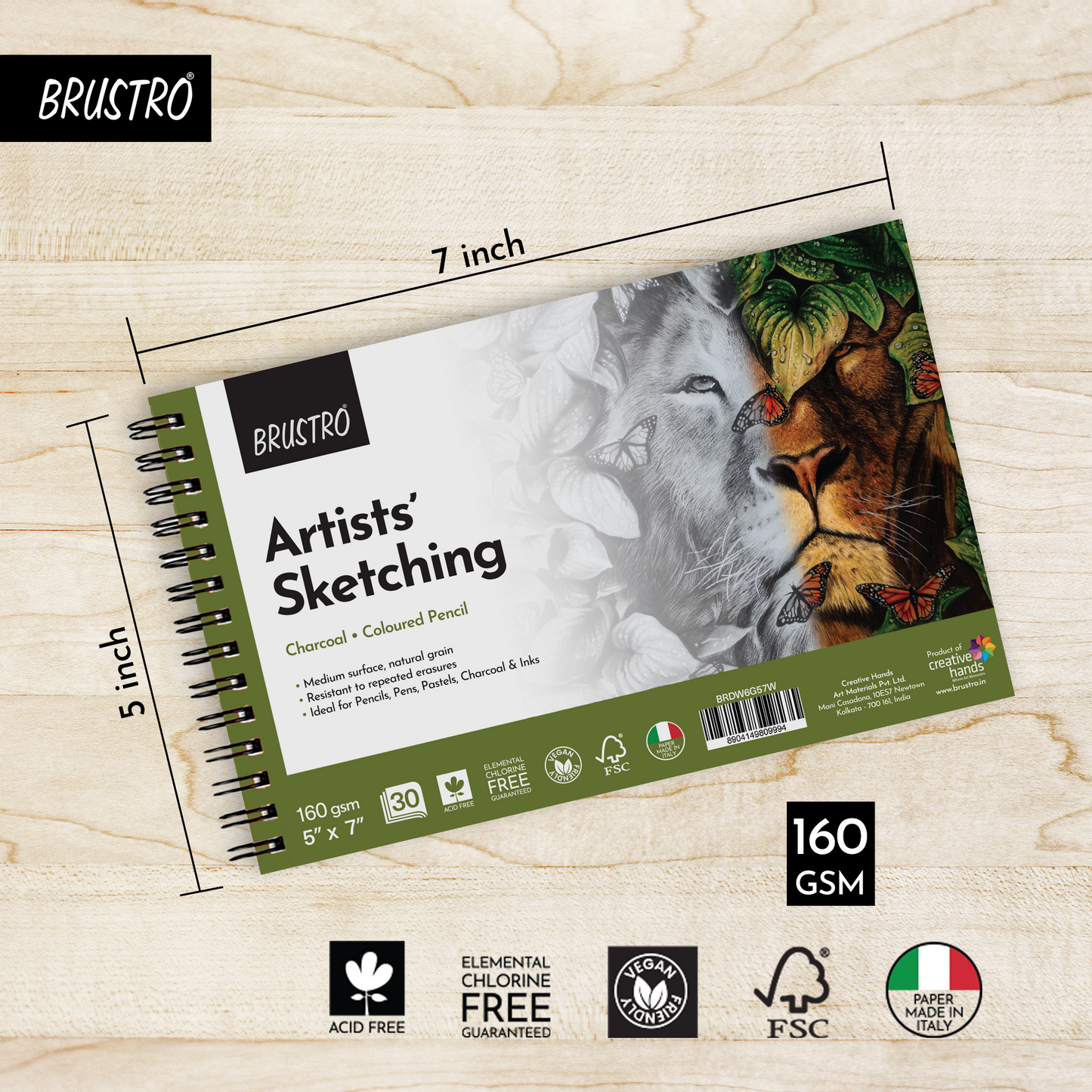 Brustro Artists Sketching Wiro-Bound Paper Pad, 5x7 inches, 160 GSM, 30 Sheets | Ideal for Pencil, Drawing, Charcoal, Art, Pen, Pastel, Ink.