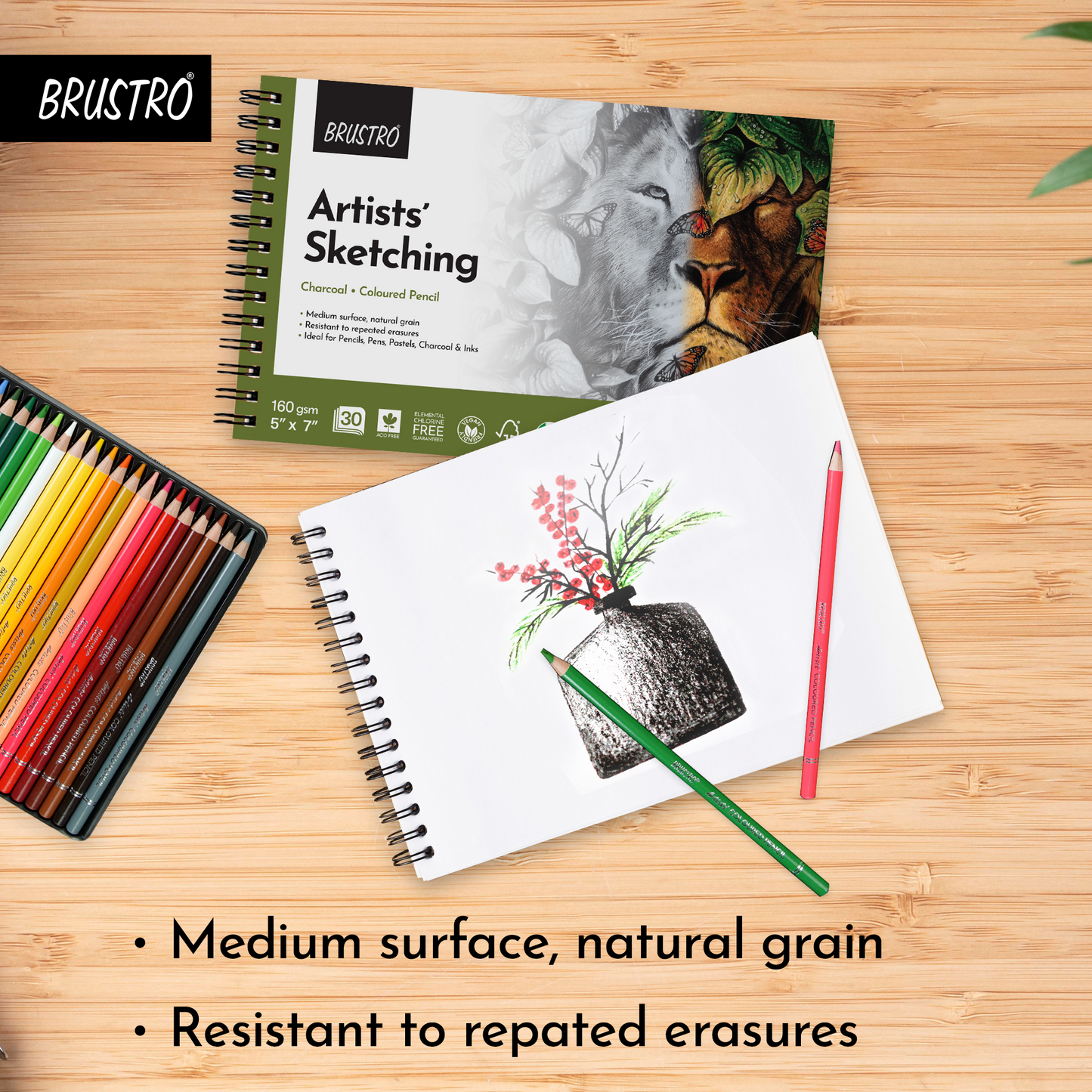 Brustro Artists Sketching Wiro-Bound Paper Pad, 5x7 inches, 160 GSM, 30 Sheets | Ideal for Pencil, Drawing, Charcoal, Art, Pen, Pastel, Ink.