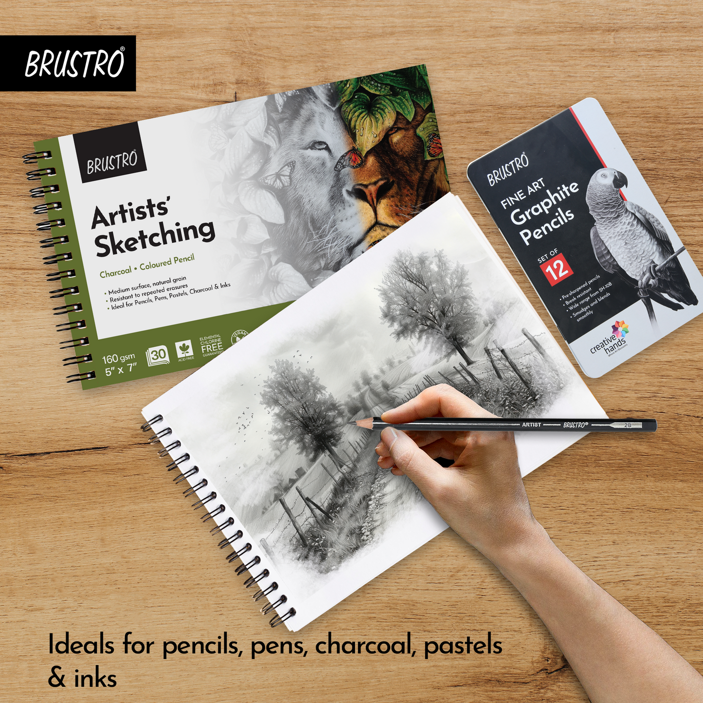 Brustro Artists Sketching Wiro-Bound Paper Pad, 5x7 inches, 160 GSM, 30 Sheets | Ideal for Pencil, Drawing, Charcoal, Art, Pen, Pastel, Ink.