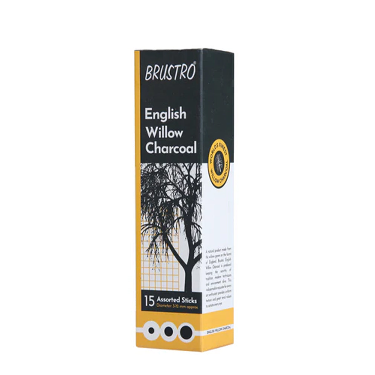 BRUSTRO English Willow Charcoal Assorted 15 Sticks|3-12mm Approx Diameter, Smooth, Blendable| Ideal For Portraits, Figure Drawing and Artwork, Sketching, Shading, Illustration, Fine Art Students