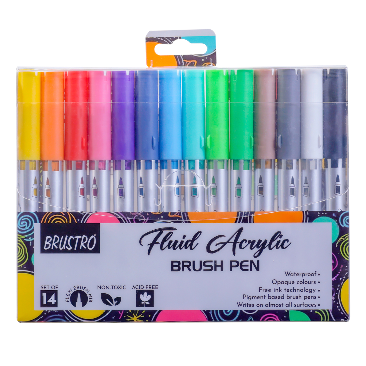 BRUSTRO Fluid Acrylic Brush Pen | Set of 14 Basic Shades