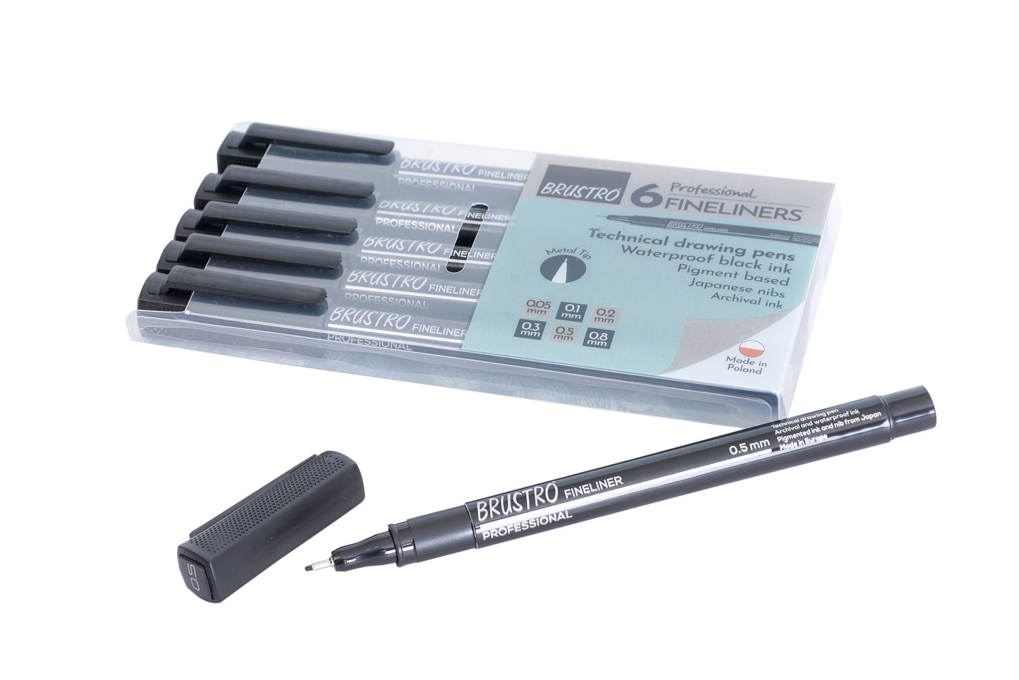 BRUSTRO Professional Pigment Based Fineliner Pen | Black | Set of 6 - Tip Size 0.05mm, 0.1mm, 0.2mm, 0.3mm, 0.5mm, 0.8mm |Ideal For Technical Drawing,Waterproof,Artist Illustration,Sketching,Mandala