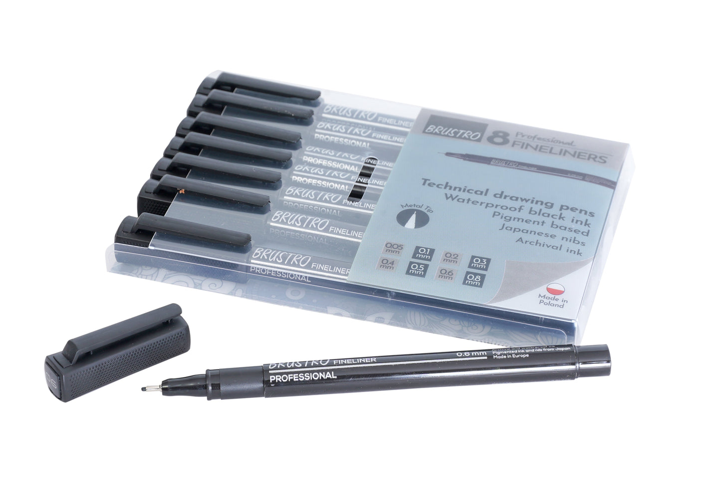 BRUSTRO Professional Pigment Based Fineliner Pen |Black| Set of 8 - Tip Size 0.05mm, 0.1mm, 0.2mm, 0.3mm, 0.4mm, 0.5mm, 0.6mm and 0.8mm| Ideal For Mandala, Drawing,Artist Illustration,Sketching