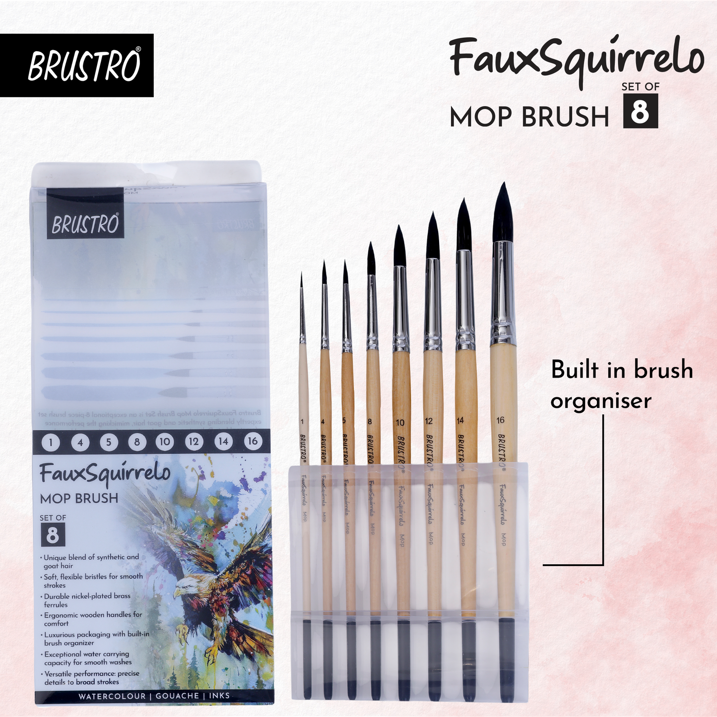BRUSTRO Faux Squirrelo Mop Brush | Round, Set of 8 (Size- 1,4,5,8,10,12,14,16 ) | Synthetic and Natural Bristles, Wooden Handle , Ideal for Watercolor, Gouache, Inks Professional Artists