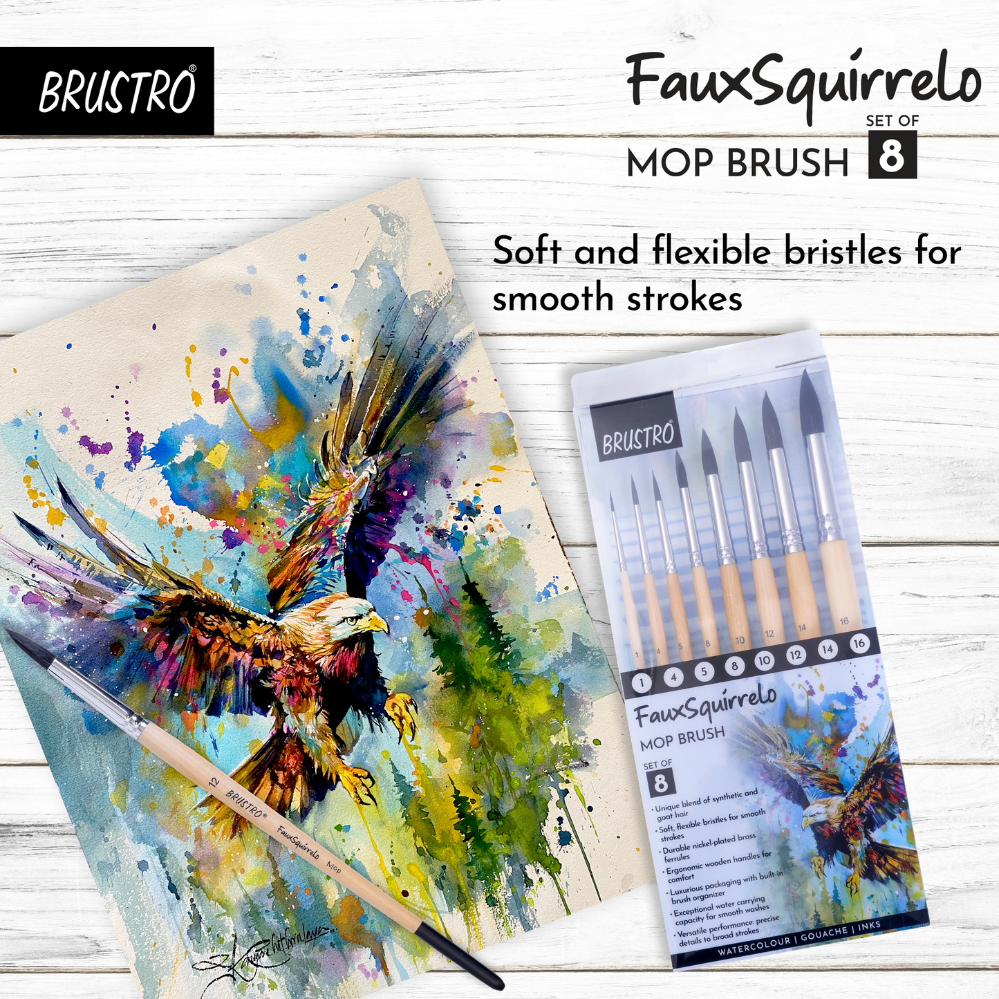 BRUSTRO Faux Squirrelo Mop Brush | Round, Set of 8 (Size- 1,4,5,8,10,12,14,16 ) | Synthetic and Natural Bristles, Wooden Handle , Ideal for Watercolor, Gouache, Inks Professional Artists