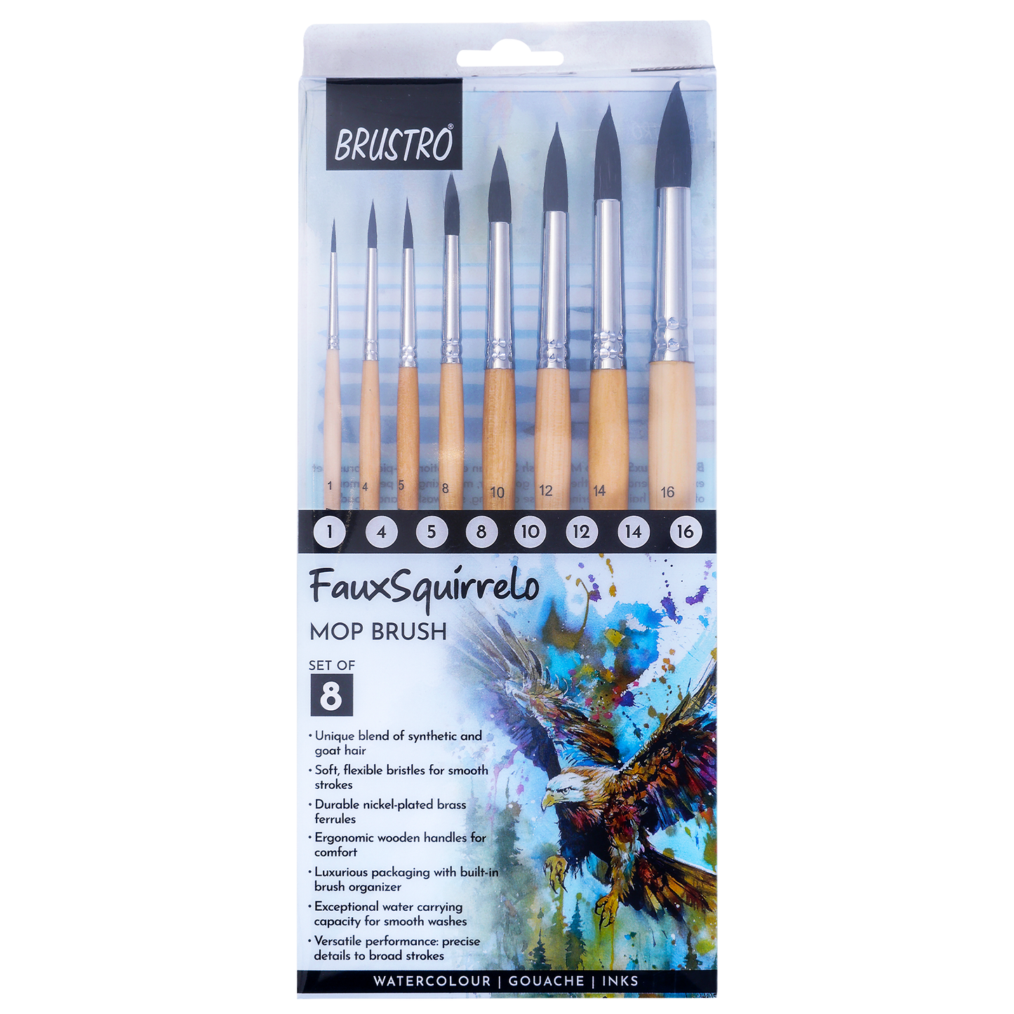 BRUSTRO Faux Squirrelo Mop Brush | Round, Set of 8 (Size- 1,4,5,8,10,12,14,16 ) | Synthetic and Natural Bristles, Wooden Handle , Ideal for Watercolor, Gouache, Inks Professional Artists
