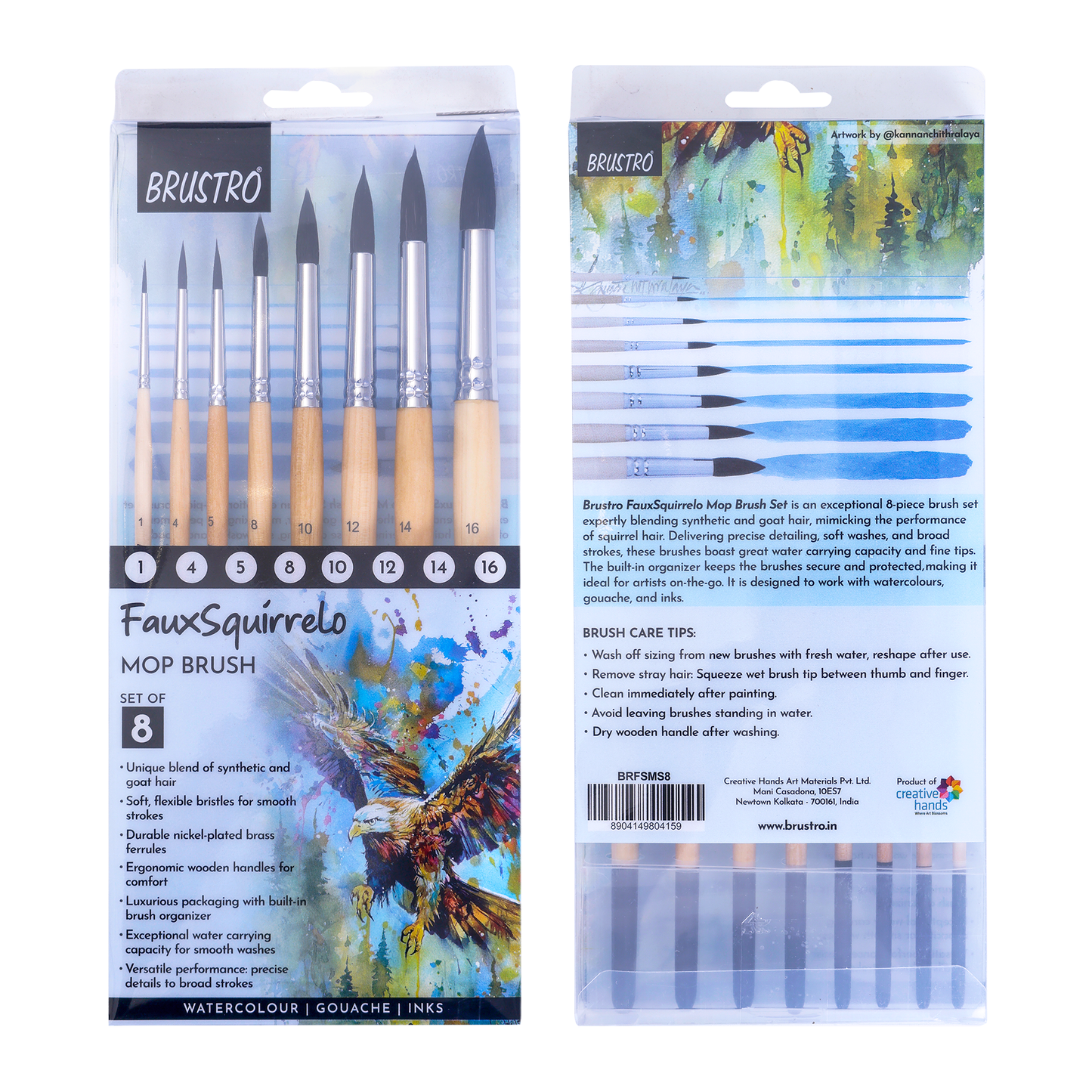 BRUSTRO Faux Squirrelo Mop Brush | Round, Set of 8 (Size- 1,4,5,8,10,12,14,16 ) | Synthetic and Natural Bristles, Wooden Handle , Ideal for Watercolor, Gouache, Inks Professional Artists