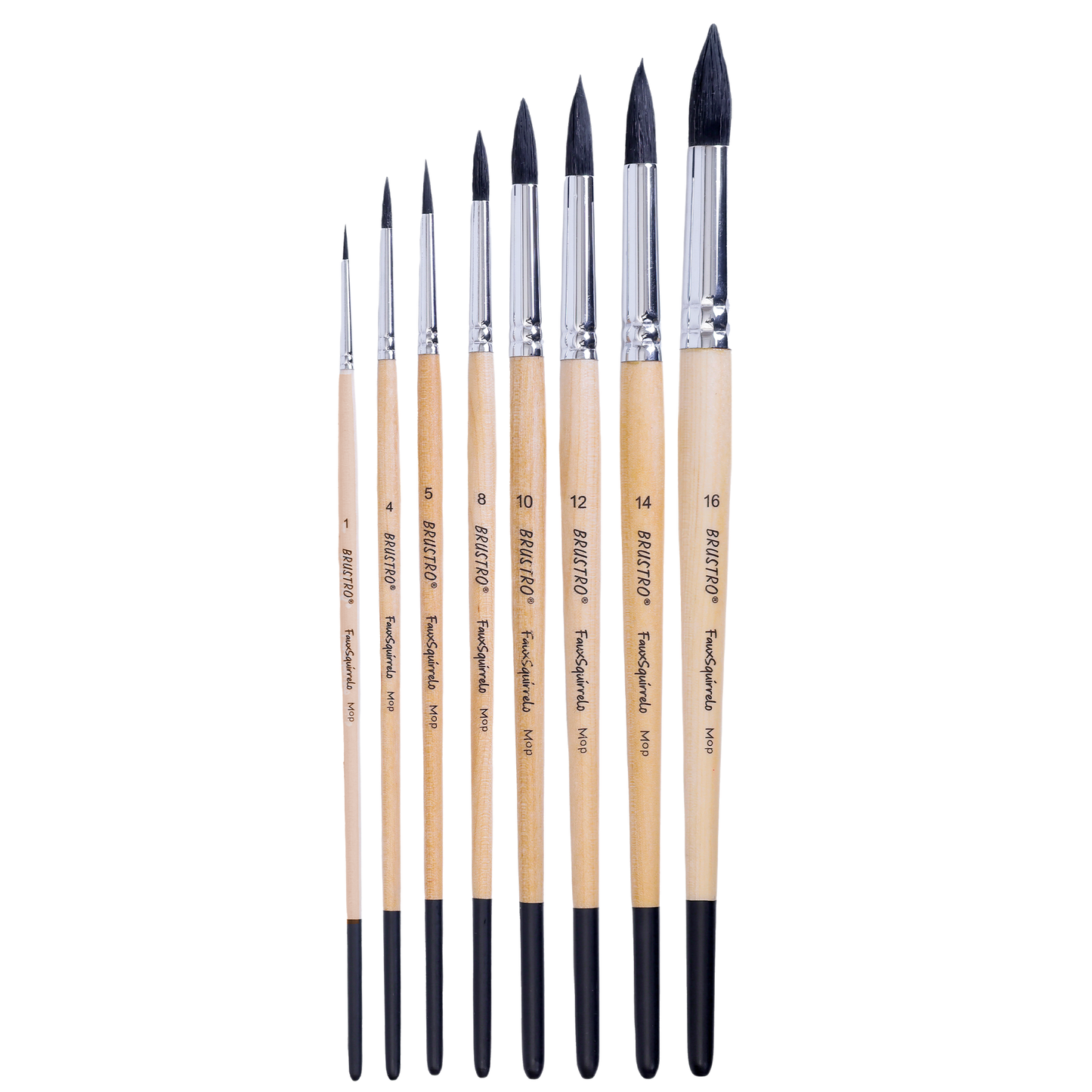 BRUSTRO Faux Squirrelo Mop Brush | Round, Set of 8 (Size- 1,4,5,8,10,12,14,16 ) | Synthetic and Natural Bristles, Wooden Handle , Ideal for Watercolor, Gouache, Inks Professional Artists