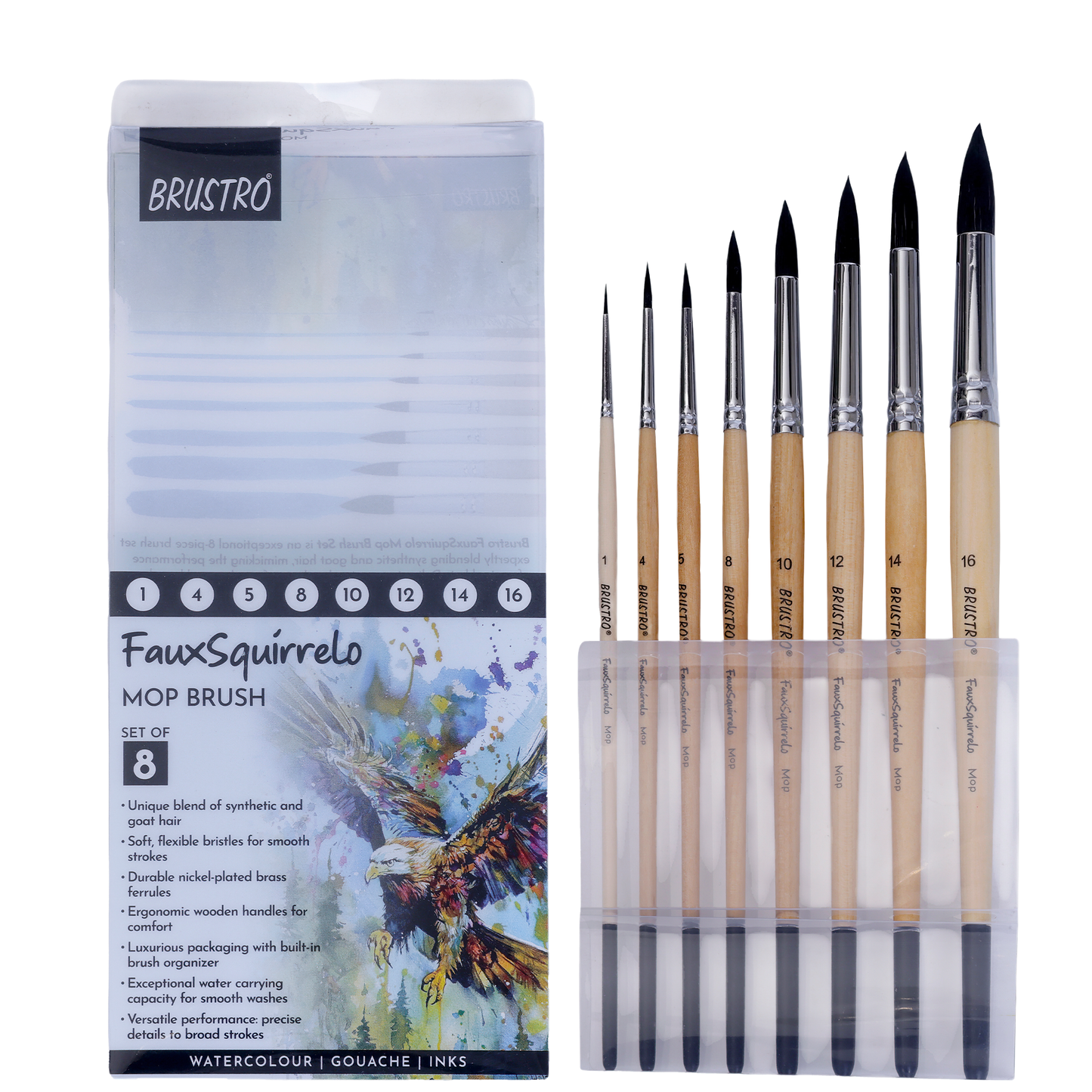 BRUSTRO Faux Squirrelo Mop Brush | Round, Set of 8 (Size- 1,4,5,8,10,12,14,16 ) | Synthetic and Natural Bristles, Wooden Handle , Ideal for Watercolor, Gouache, Inks Professional Artists