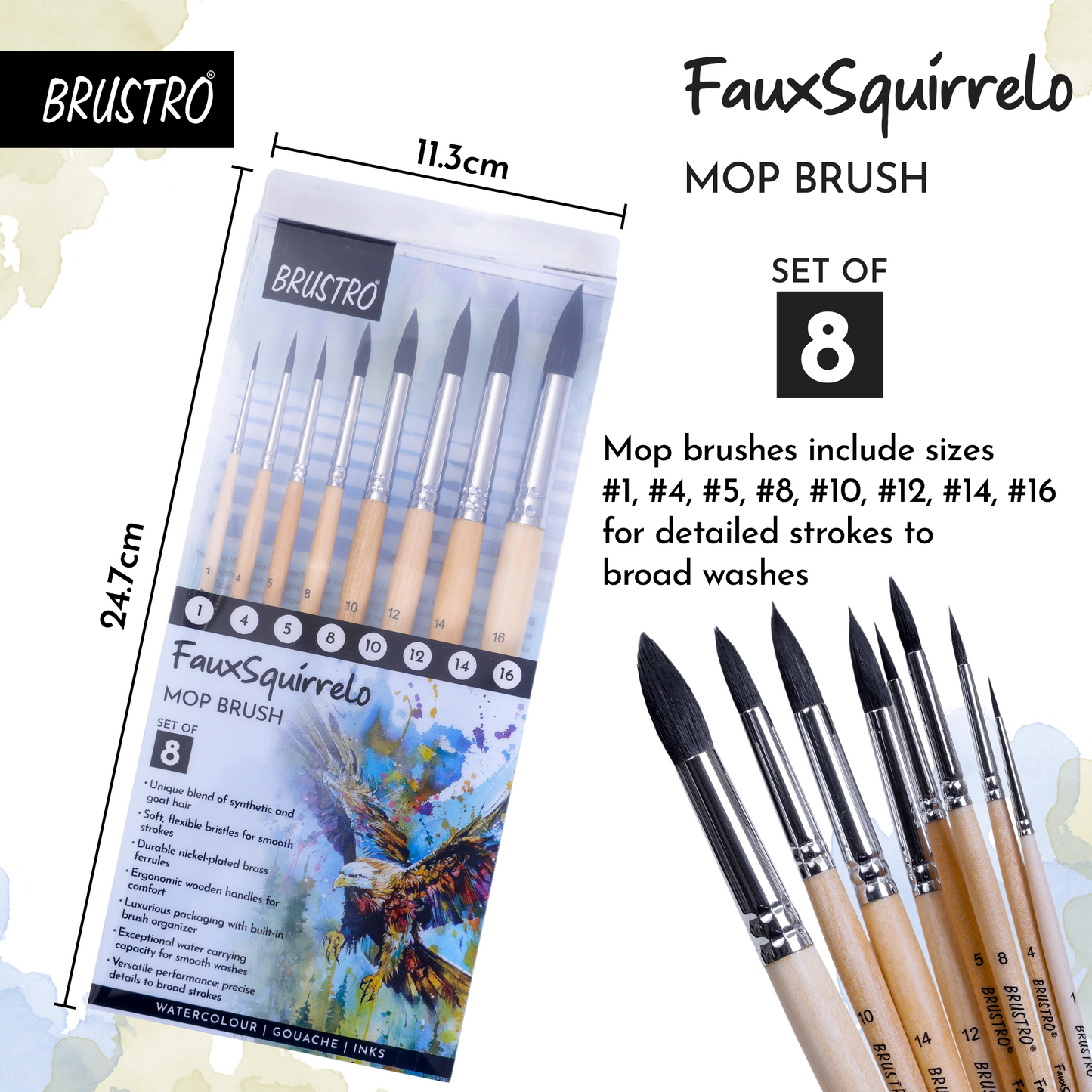 BRUSTRO Faux Squirrelo Mop Brush | Round, Set of 8 (Size- 1,4,5,8,10,12,14,16 ) | Synthetic and Natural Bristles, Wooden Handle , Ideal for Watercolor, Gouache, Inks Professional Artists