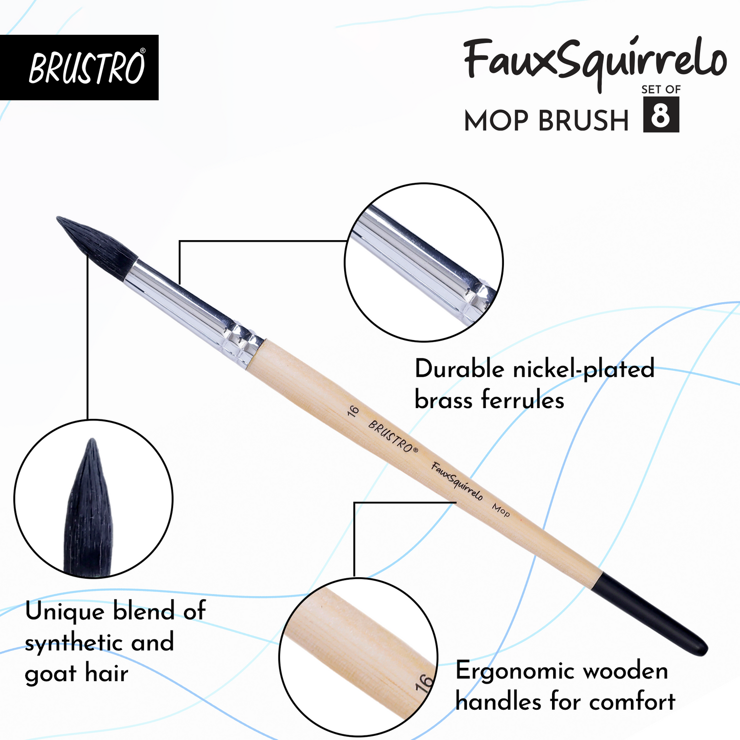 BRUSTRO Faux Squirrelo Mop Brush | Round, Set of 8 (Size- 1,4,5,8,10,12,14,16 ) | Synthetic and Natural Bristles, Wooden Handle , Ideal for Watercolor, Gouache, Inks Professional Artists