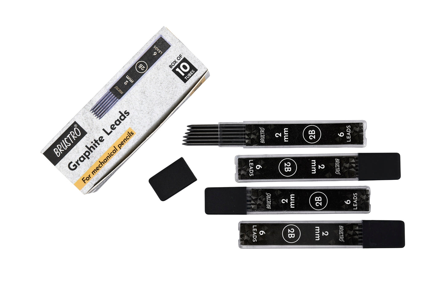 BRUSTRO 2mm Graphite Leads for Mechanical Pencil | Grade 2B , Box of 10 Tubes, Total 60 Leads | Smooth Writing, Extra Dark, Break Resistant, Ideal for Writing, Sketching, Drawing, Mandala Arts