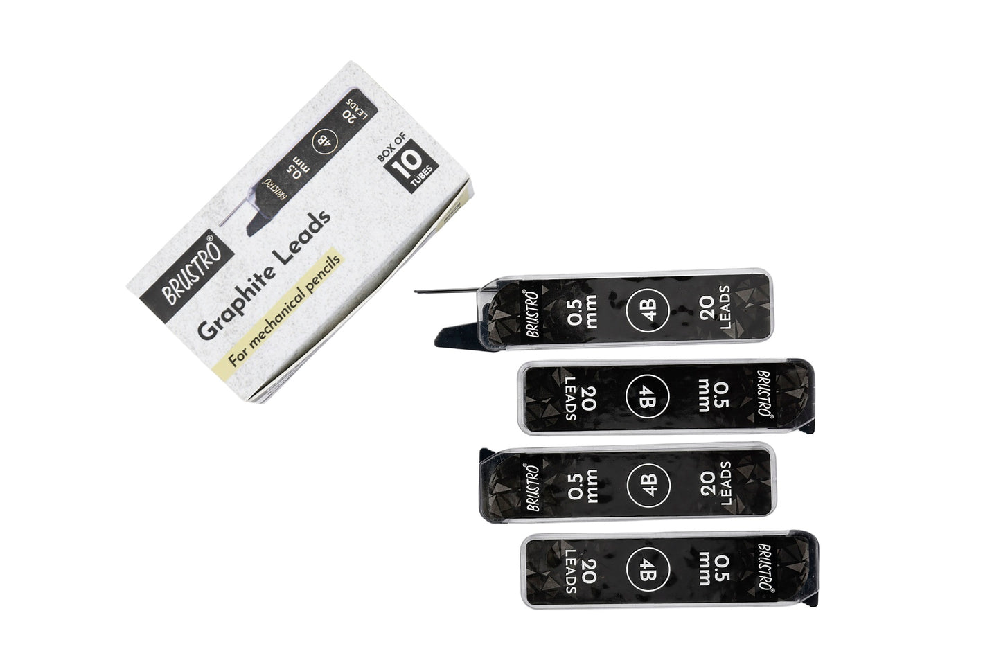BRUSTRO 0.5mm Graphite Leads for Mechanical Pencil | Grade 4B, Box of 10 Tubes, Total 200 Leads | Smooth Writing, Extra Dark, Break Resistant, Ideal for Writing, Sketching, Drawing, Mandala Arts