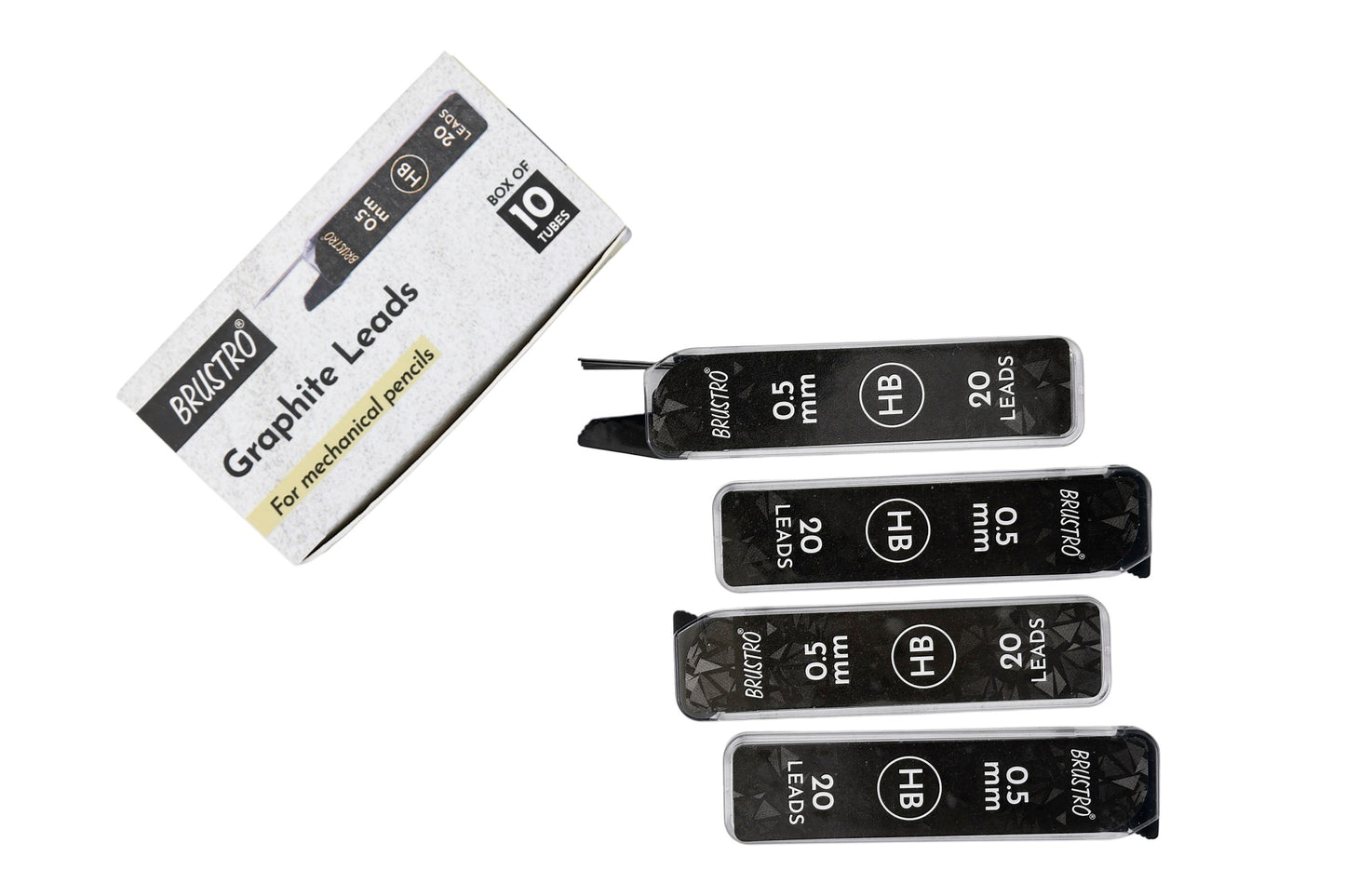 BRUSTRO 0.5mm Graphite Leads for Mechanical Pencil | Grade HB, Box of 10 Tubes, Total 200 Leads | Smooth Writing, Extra Dark, Break Resistant, Ideal for Writing, Sketching, Drawing, Mandala Arts