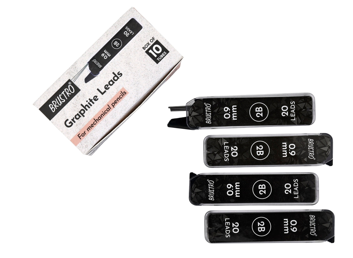 BRUSTRO 0.9mm Graphite Leads for Mechanical Pencil | Grade 2B, Box of 10 Tubes, Total 200 Leads | Smooth Writing, Extra Dark, Break Resistant, Ideal for Writing, Sketching, Drawing, Mandala Arts