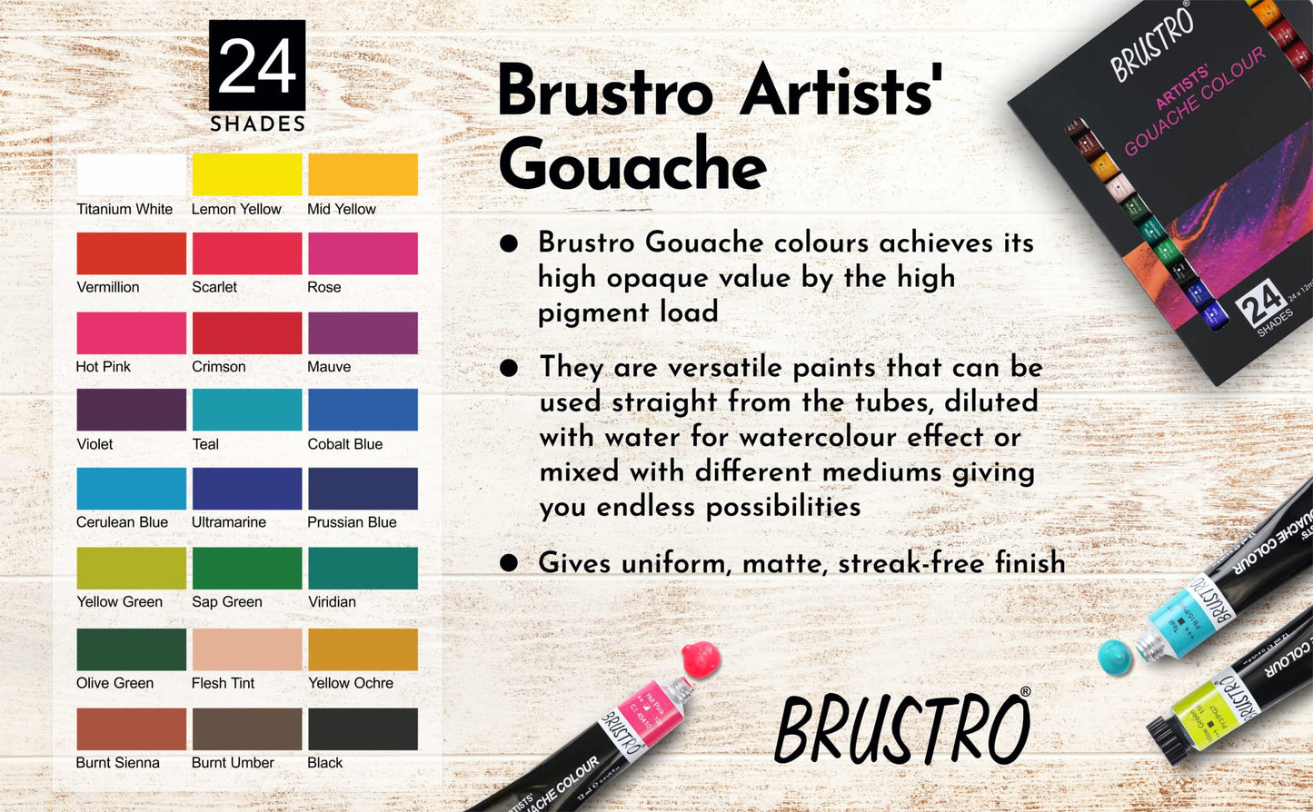 BRUSTRO Artist Gouache Colour Set of 24 Colours X 12ML Tubes with Watercolour Journal
