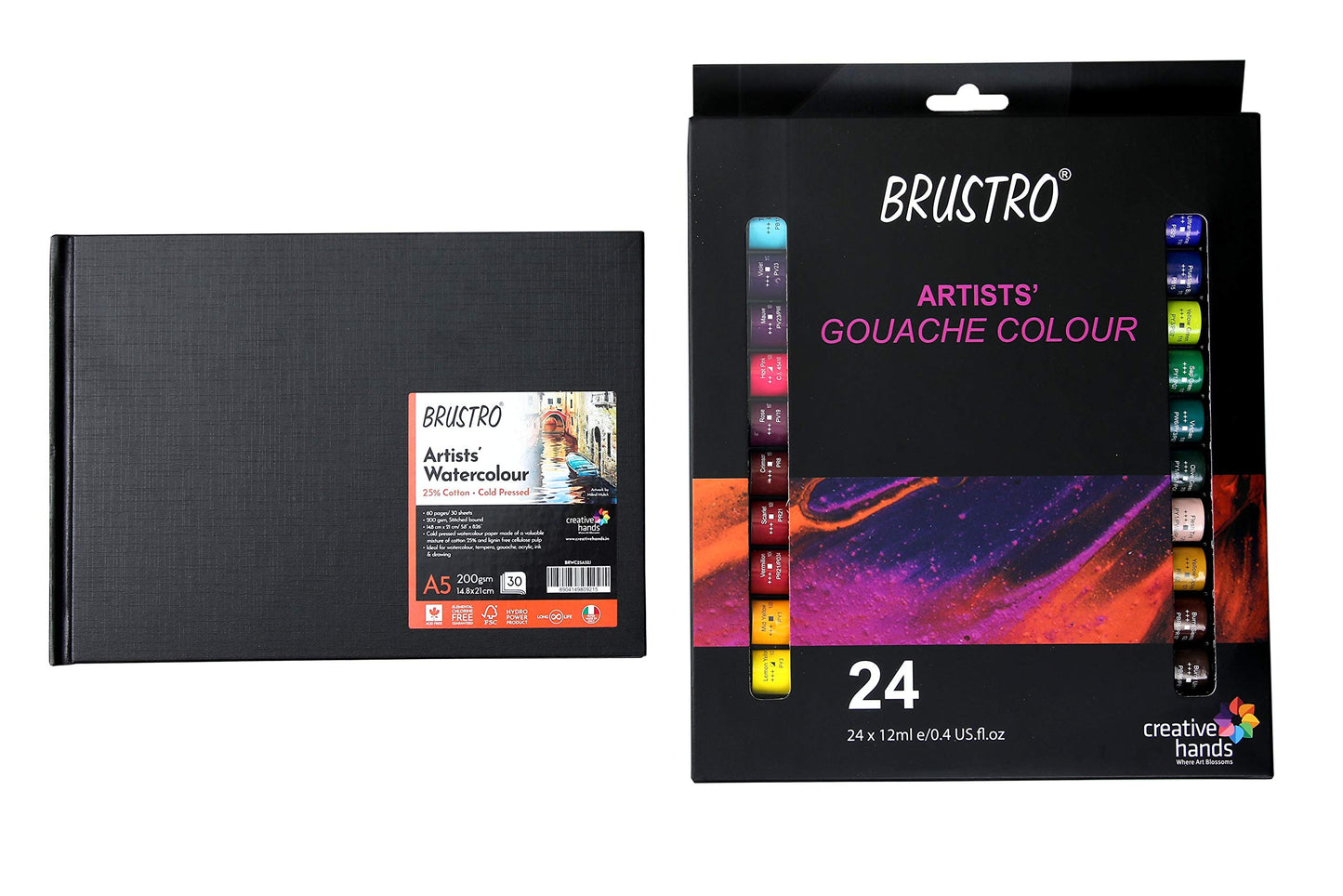 BRUSTRO Artist Gouache Colour Set of 24 Colours X 12ML Tubes with Watercolour Journal