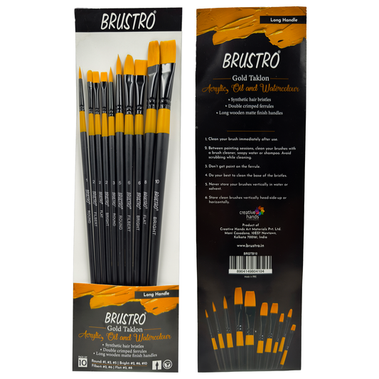 BRUSTRO Artists Gold Taklon Brushes Set of 10| Ideal for Acrylics, Oil paintings, Watercolour | long handle, Bright, Filbert, Flat, Round, Professional Art, School, Office Use.