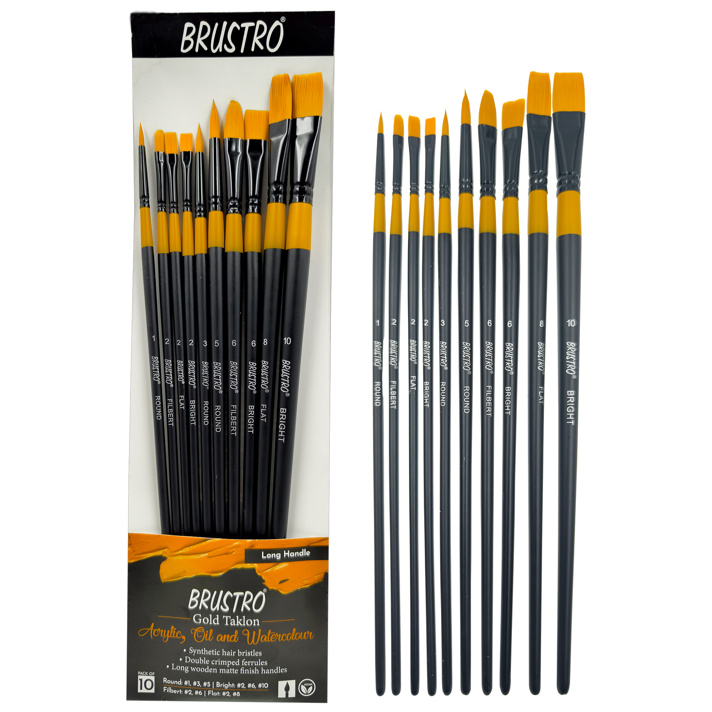 BRUSTRO Artists Gold Taklon Brushes Set of 10| Ideal for Acrylics, Oil paintings, Watercolour | long handle, Bright, Filbert, Flat, Round, Professional Art, School, Office Use.