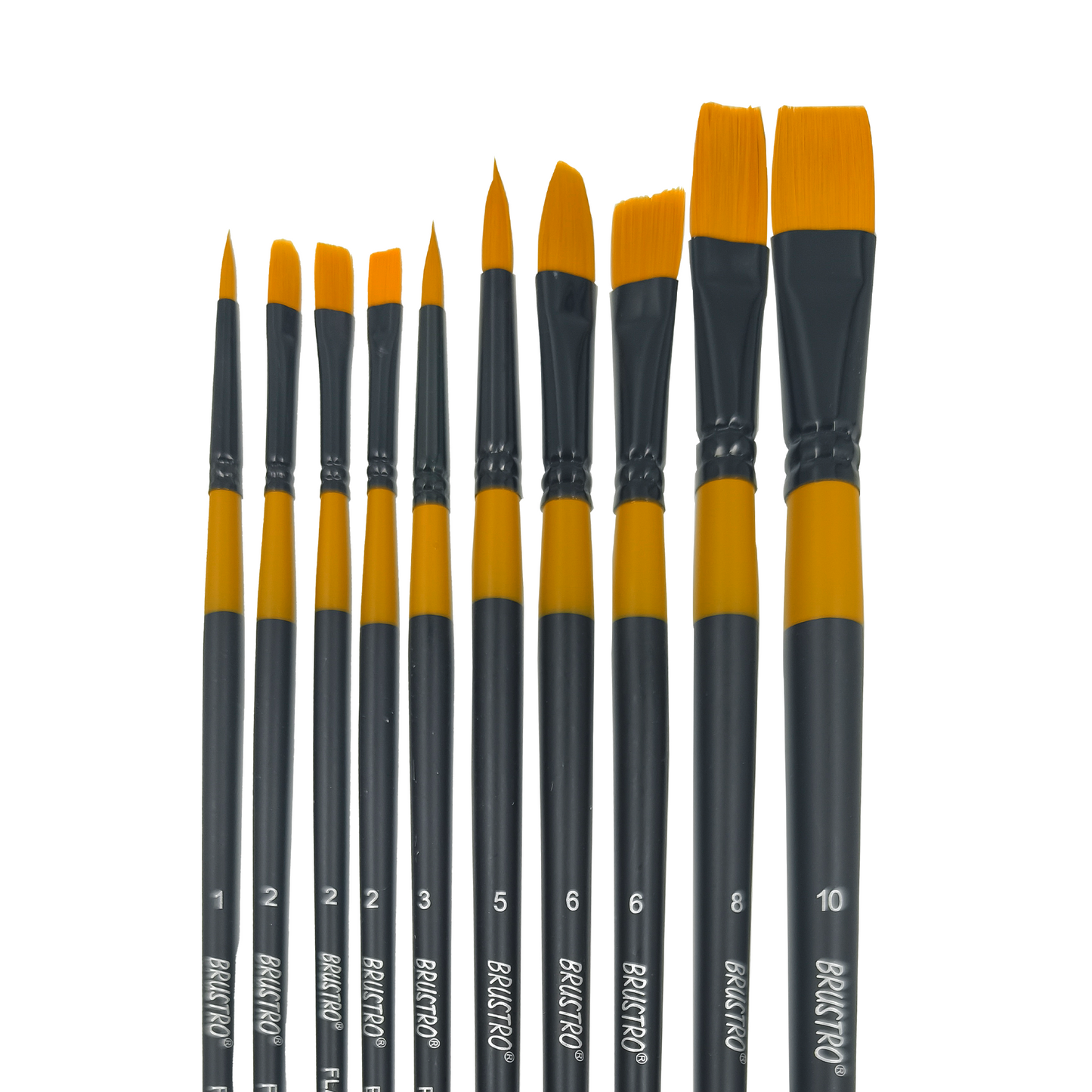 BRUSTRO Artists Gold Taklon Brushes Set of 10| Ideal for Acrylics, Oil paintings, Watercolour | long handle, Bright, Filbert, Flat, Round, Professional Art, School, Office Use.