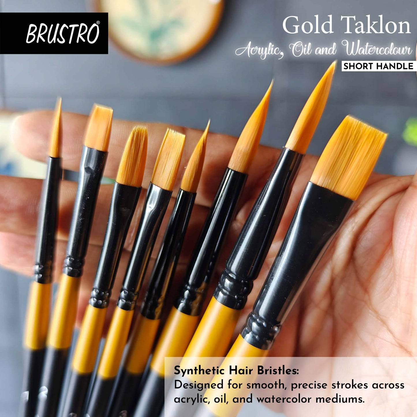 BRUSTRO Gold Taklon Artist Brush | Set of 8 |Sizes - Round (1,3,5), Bright (2,6), Filbert (2,6), and Flat (2)| Ergonomic Design,Short Handle,Ideal for Acrylic Watercolour,Oil Paintings,School, Artists