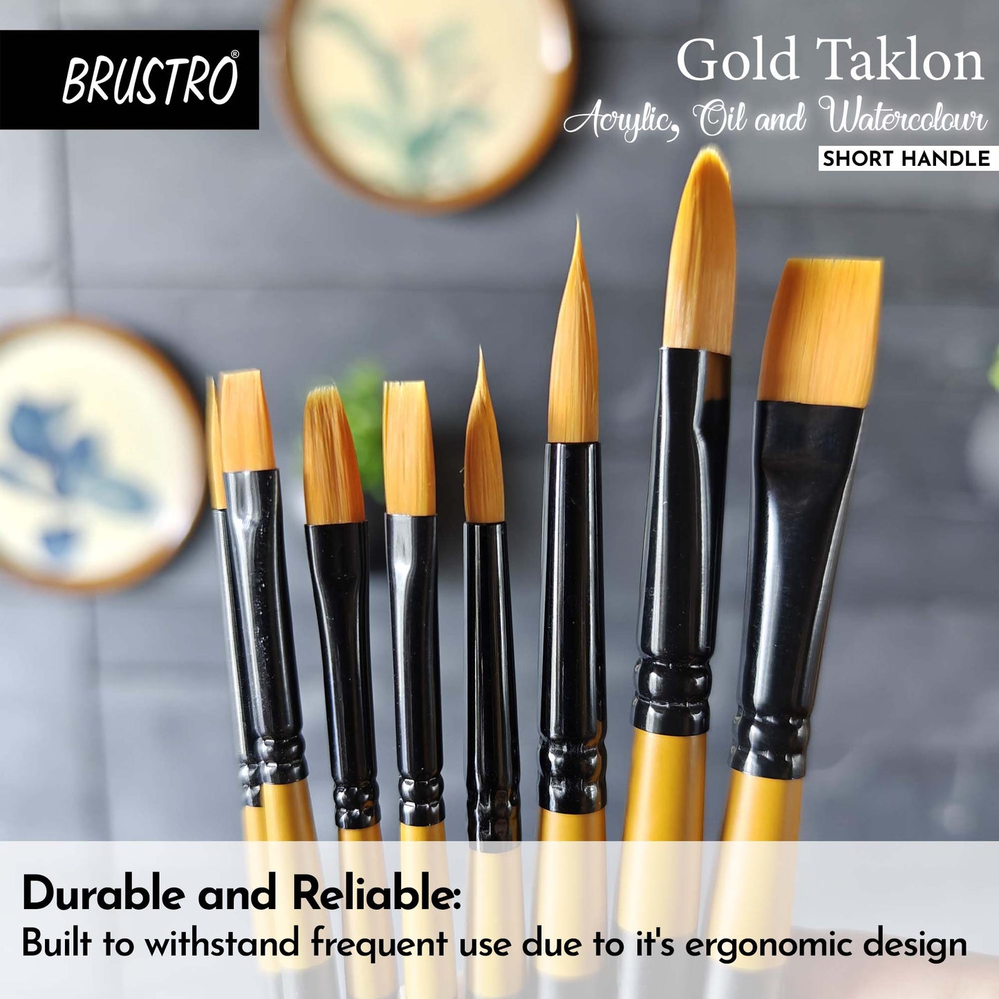 BRUSTRO Gold Taklon Artist Brush | Set of 8 |Sizes - Round (1,3,5), Bright (2,6), Filbert (2,6), and Flat (2)| Ergonomic Design,Short Handle,Ideal for Acrylic Watercolour,Oil Paintings,School, Artists