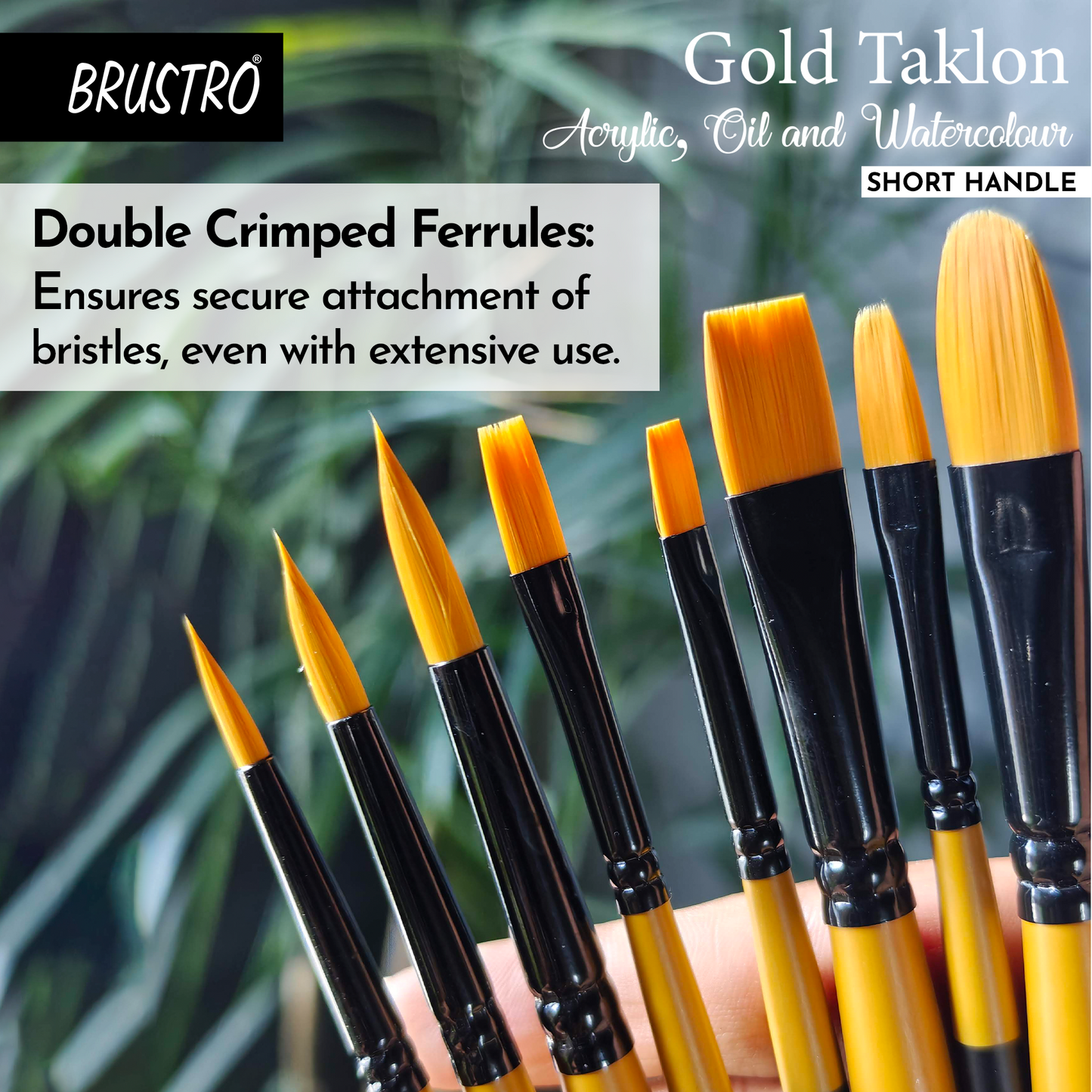 BRUSTRO Gold Taklon Artist Brush | Set of 8 |Sizes - Round (1,3,5), Bright (2,6), Filbert (2,6), and Flat (2)| Ergonomic Design,Short Handle,Ideal for Acrylic Watercolour,Oil Paintings,School, Artists