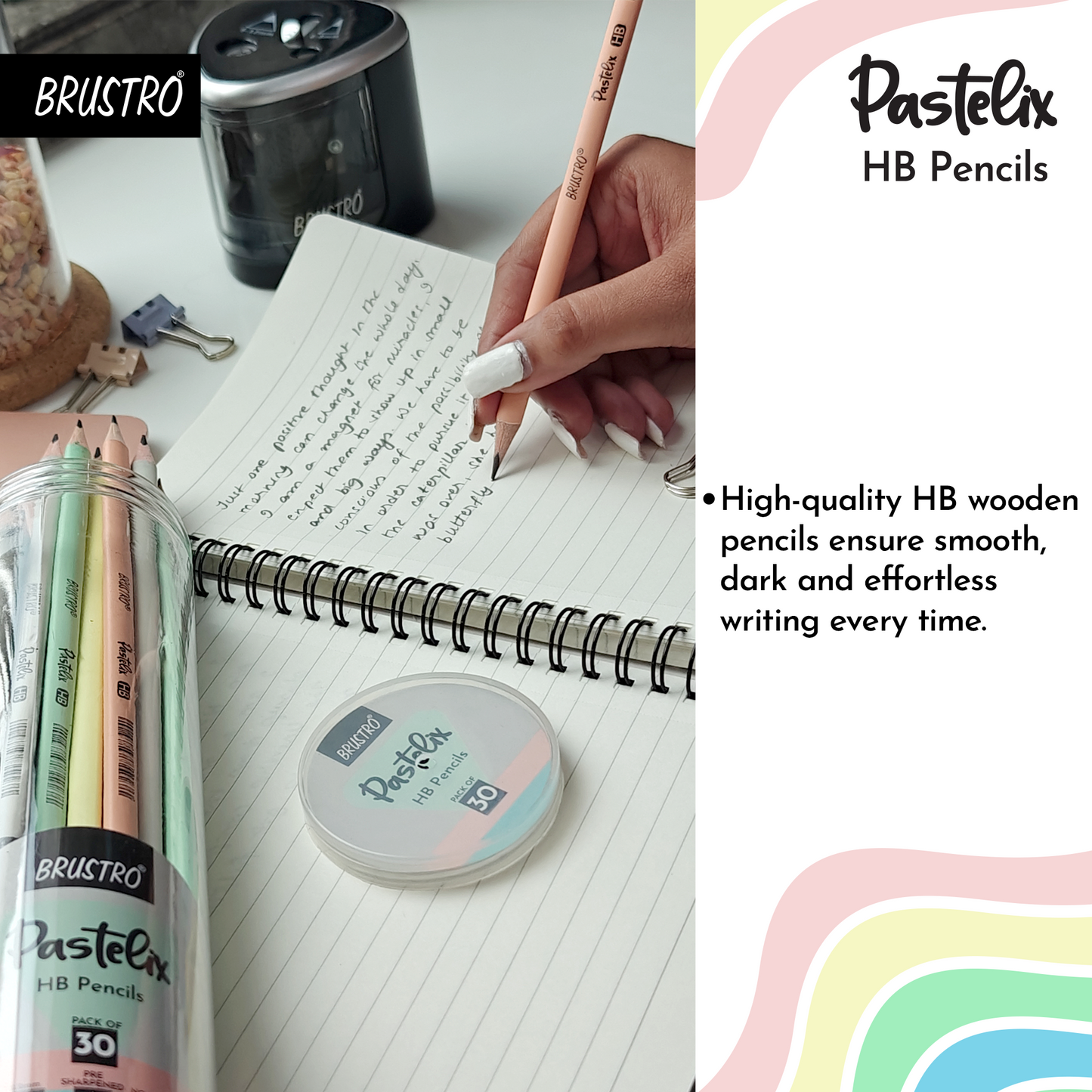 Brustro Pastelix HB Pencils|Pack of 30 (5 Colours x 6 Pencils), 2.2mm Lead With Latex free Rubber,Pre-Sharpened,Smooth Handwriting|Ideal For Sketching,Shading,Drawing,Portrait for Artist,Professionals