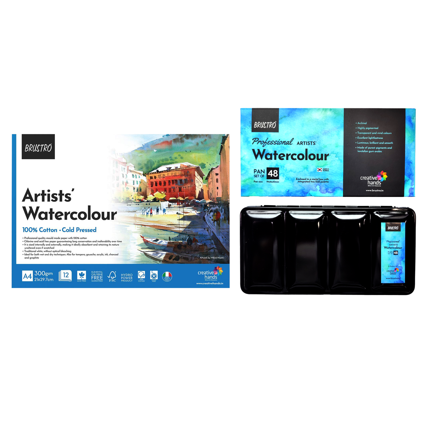 BRUSTRO Professional Artists Watercolor 48 Half Pan Set With 100% Cotton Watercolour Paper Pad, Cold Pressed, 300 GSM 12 Sheets, A4 (8.3x11.7 inches)