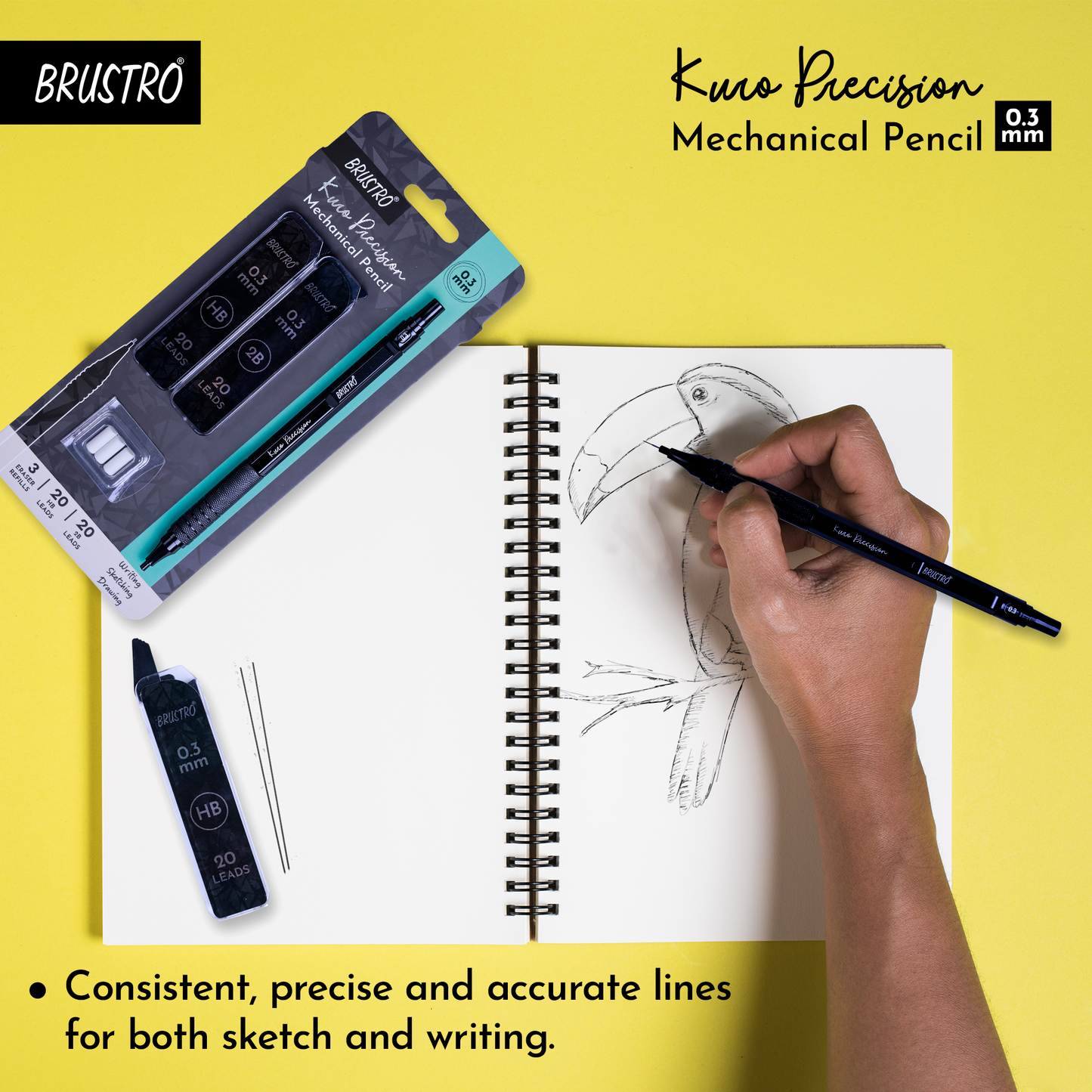 Brustro Kuro Precision Mechanical Pencil | Tip Size - 0.3mm With 20 - HB and 20 - 2B leads , 3 Eraser Refills