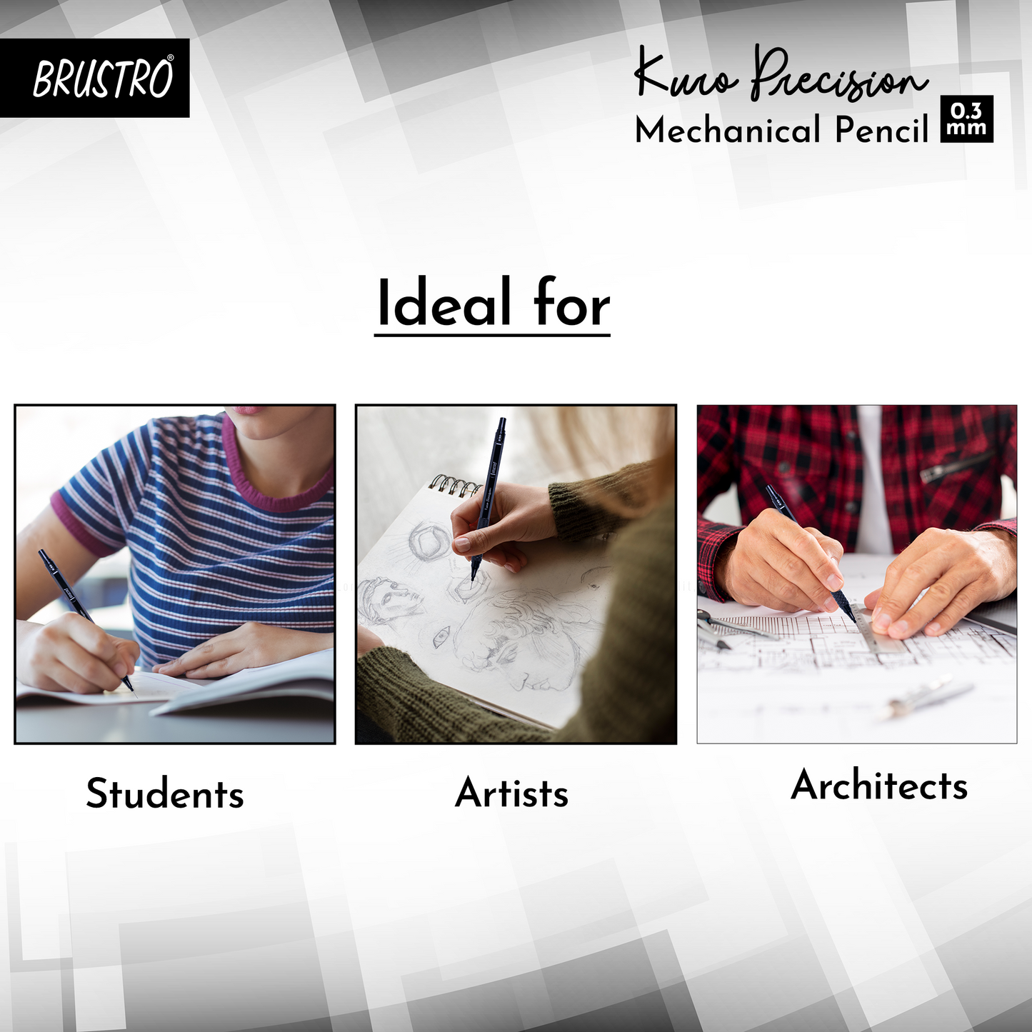 Brustro Kuro Precision Mechanical Pencil | Tip Size - 0.3mm With 20 - HB and 20 - 2B leads , 3 Eraser Refills